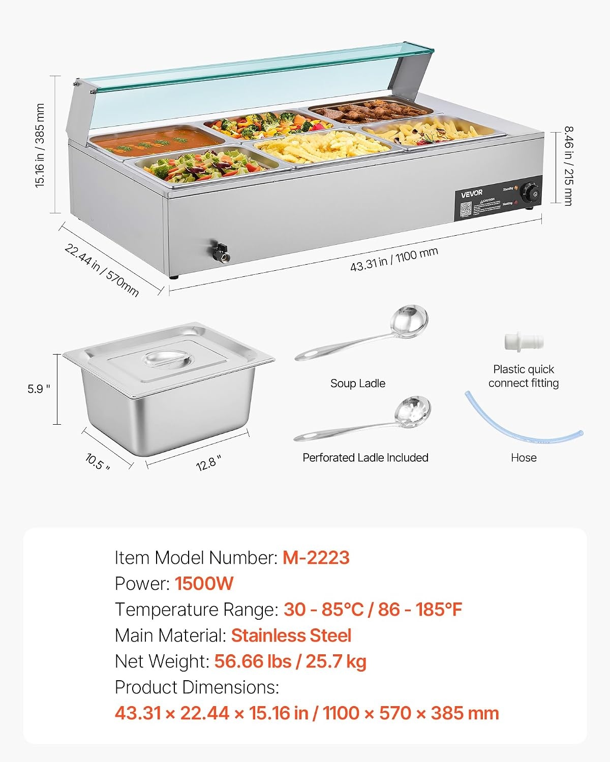 image:imageVEVOR Commercial Food Warmer 1500W Electric Stainless Steel Steam Food Warmer with Glass Cover 6 x 12 Size Pans Buffet Bain Marie with Soup amp Perforated Ladles for Catering Restaurant amp Party6x12Pan 72QT