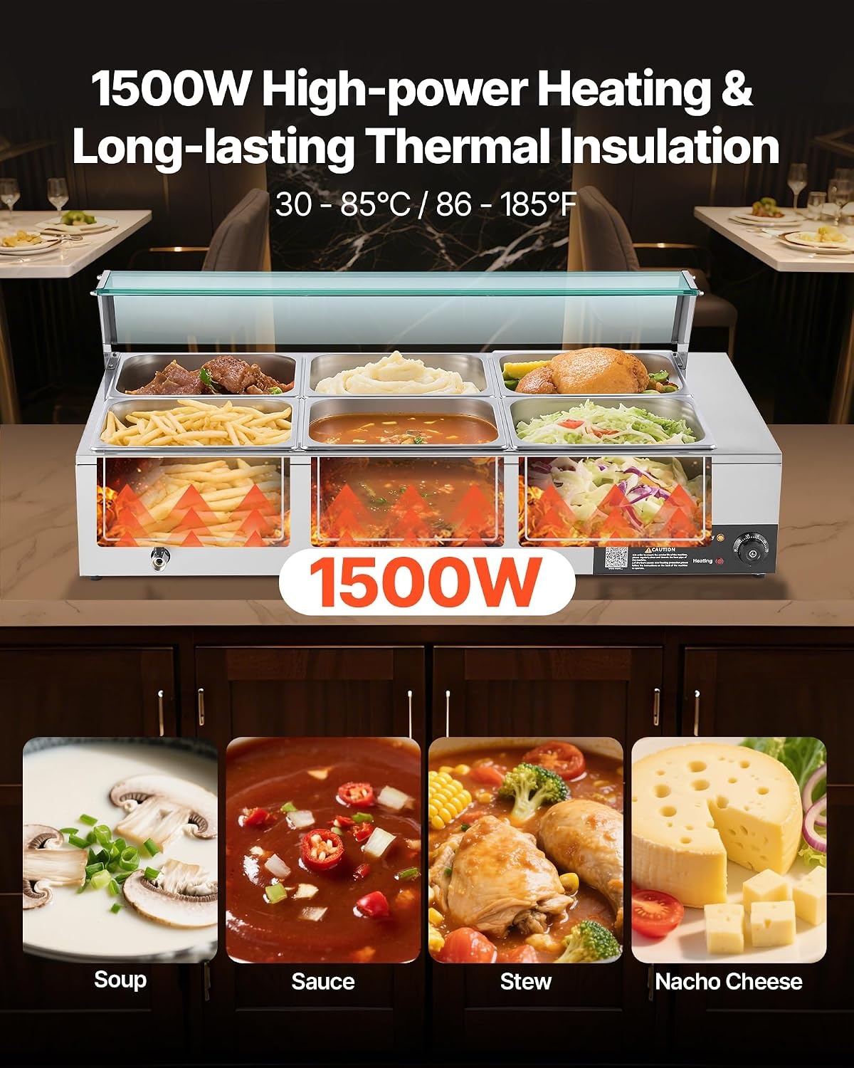 image:imageVEVOR Commercial Food Warmer 1500W Electric Stainless Steel Steam Food Warmer with Glass Cover 6 x 12 Size Pans Buffet Bain Marie with Soup amp Perforated Ladles for Catering Restaurant amp Party6x12Pan 72QT