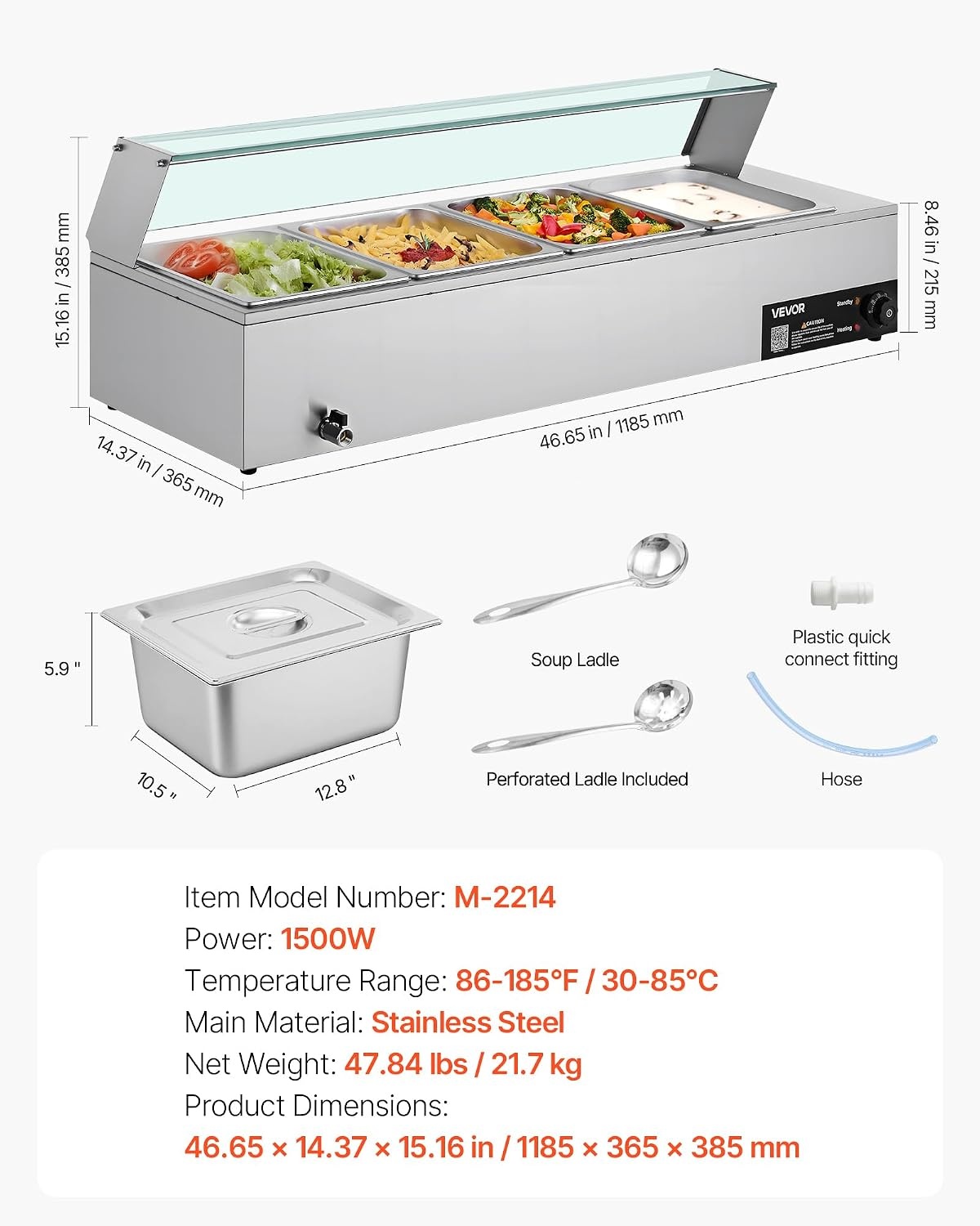 image:imageVEVOR Commercial Food Warmer 1500W Electric Stainless Steel Steam Food Warmer with Glass Cover 6 x 12 Size Pans Buffet Bain Marie with Soup amp Perforated Ladles for Catering Restaurant amp Party4x12Pan48QT