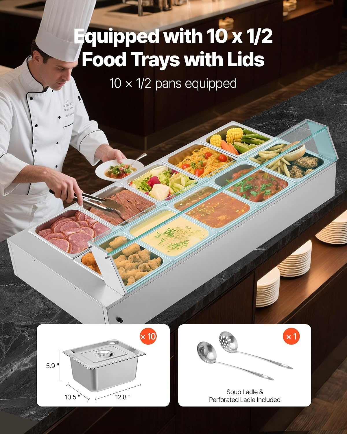 image:imageVEVOR Commercial Food Warmer 1500W Electric Stainless Steel Steam Food Warmer with Glass Cover 6 x 12 Size Pans Buffet Bain Marie with Soup amp Perforated Ladles for Catering Restaurant amp Party10x12Pan120QT