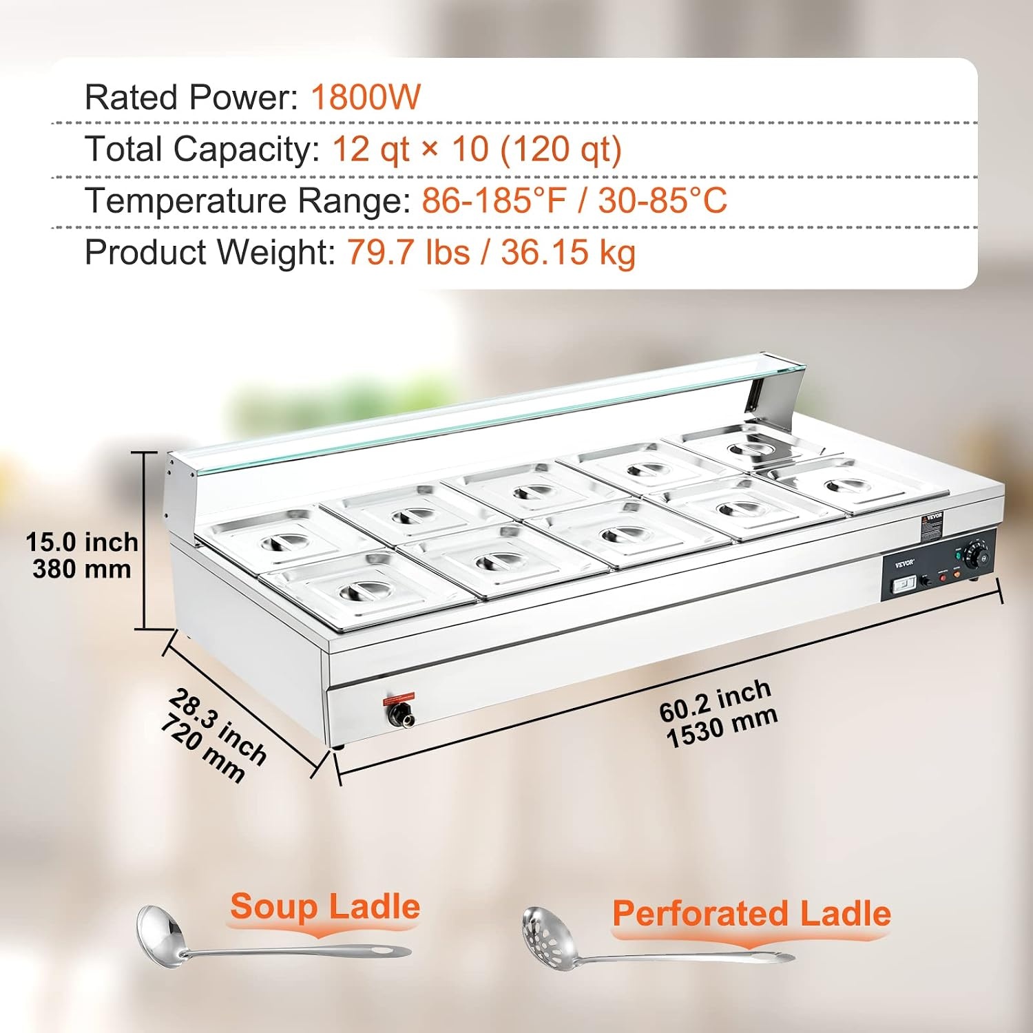 image:imageVEVOR Commercial Food Warmer 1500W Electric Stainless Steel Steam Food Warmer with Glass Cover 6 x 12 Size Pans Buffet Bain Marie with Soup amp Perforated Ladles for Catering Restaurant amp Party10Pan
