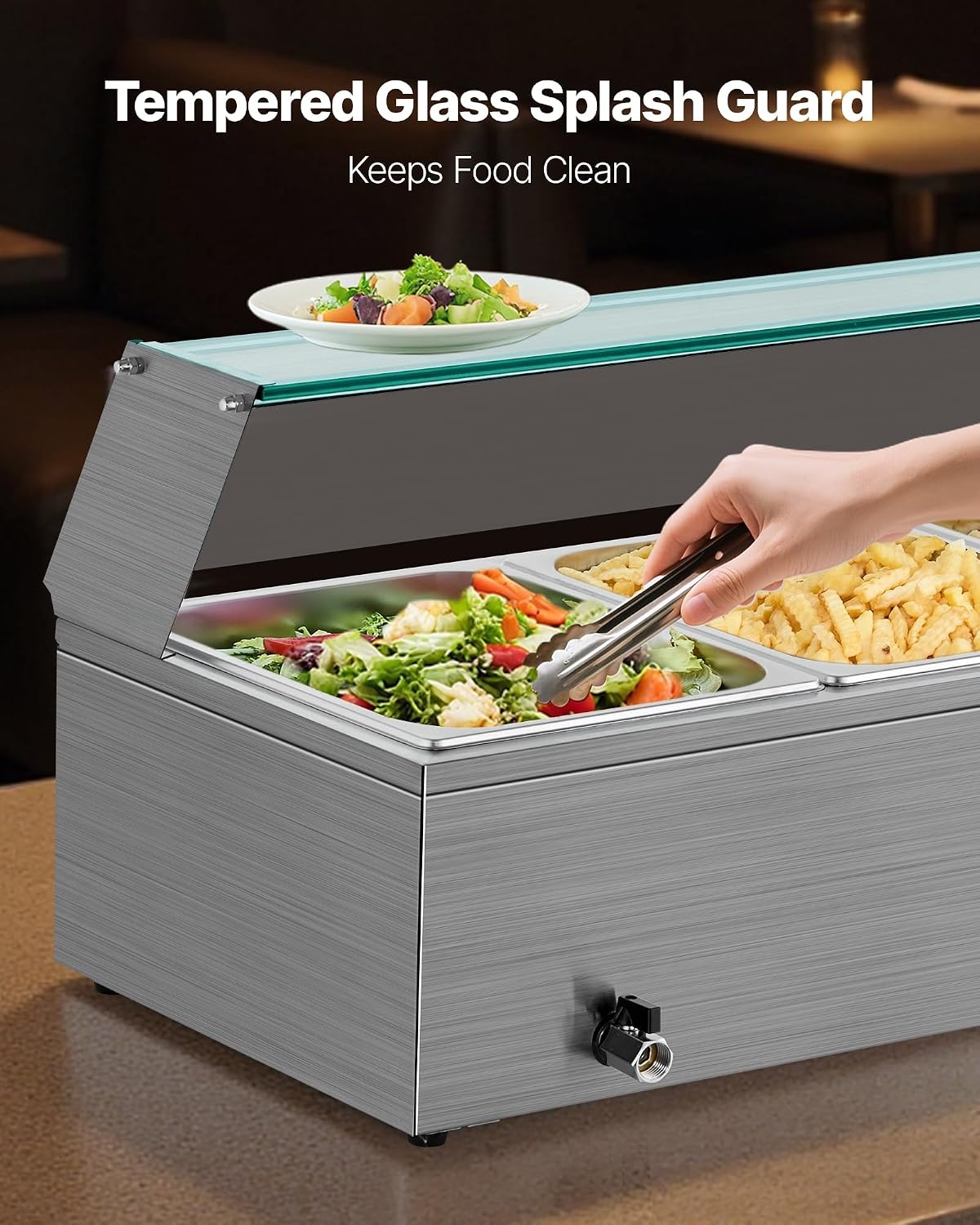 image:imageVEVOR Commercial Food Warmer 1500W Electric Stainless Steel Steam Food Warmer with Glass Cover 6 x 12 Size Pans Buffet Bain Marie with Soup amp Perforated Ladles for Catering Restaurant amp Party3622 x 1437 x 1516 in