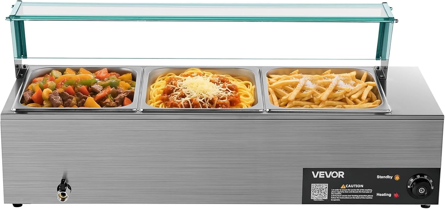 image:imageVEVOR Commercial Food Warmer 1500W Electric Stainless Steel Steam Food Warmer with Glass Cover 6 x 12 Size Pans Buffet Bain Marie with Soup amp Perforated Ladles for Catering Restaurant amp Party3622 x 1437 x 1516 in