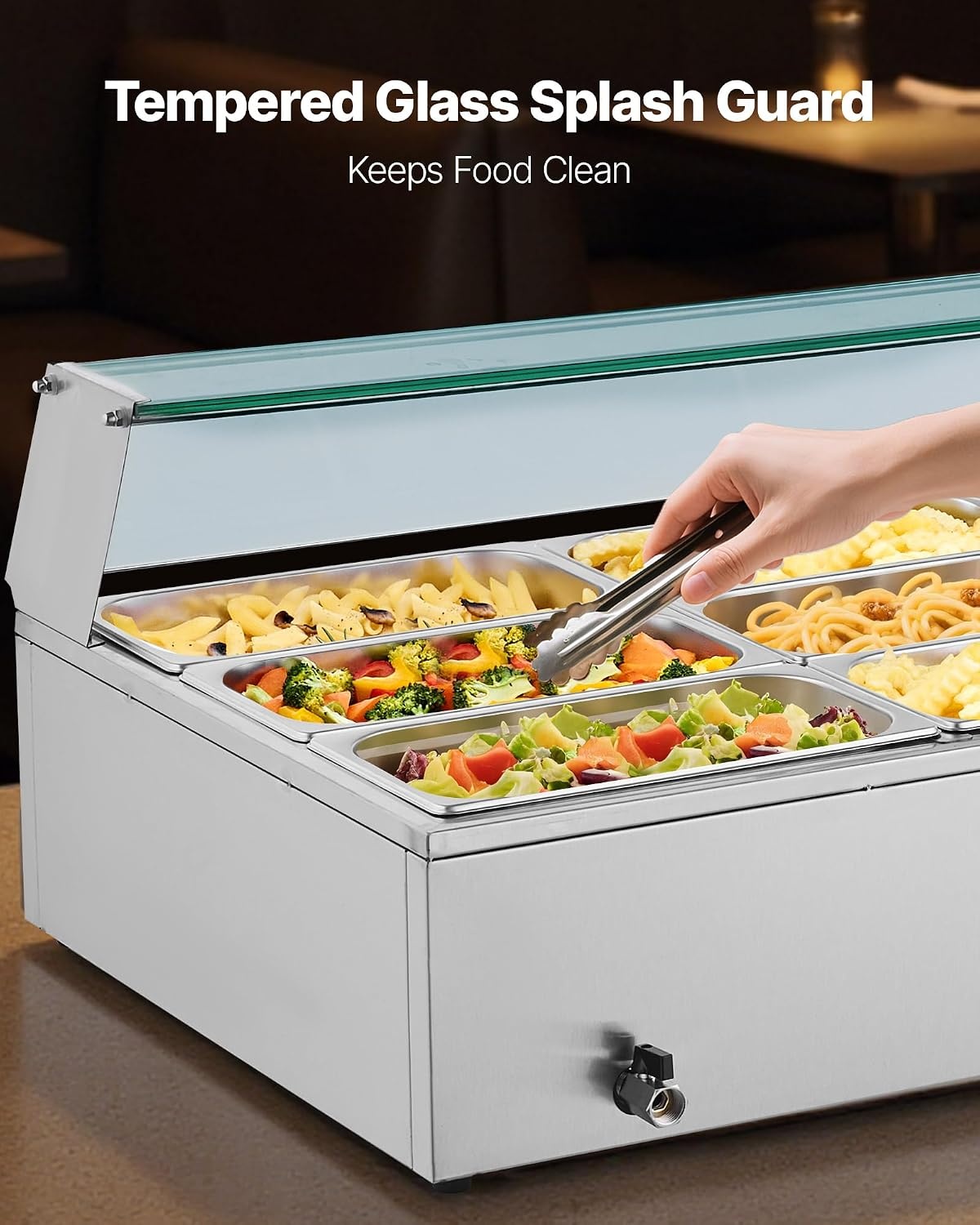 image:imageVEVOR Commercial Food Warmer 1500W Electric Stainless Steel Steam Food Warmer with Glass Cover 6 x 12 Size Pans Buffet Bain Marie with Soup amp Perforated Ladles for Catering Restaurant amp Party9x13Pan72QT