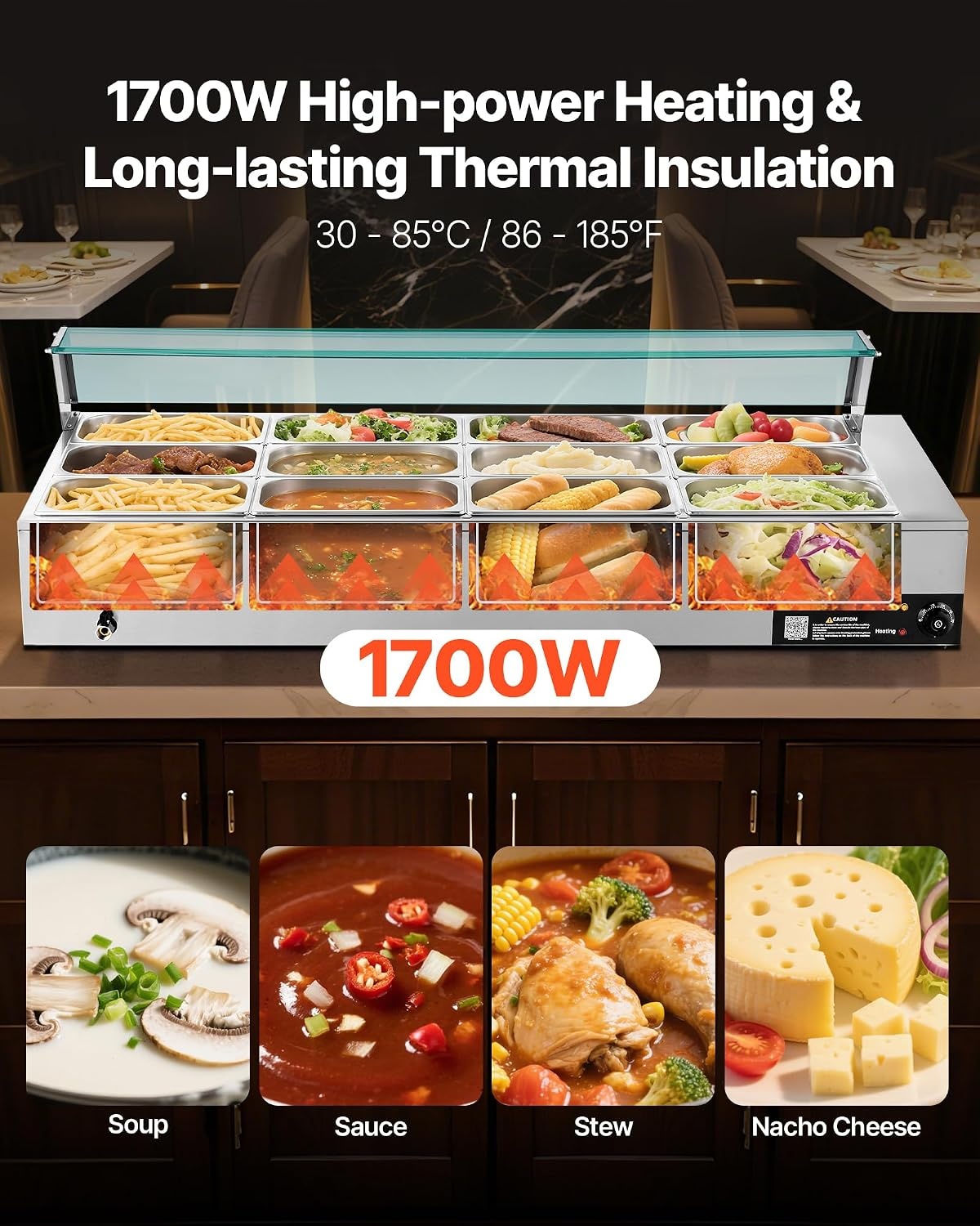 image:imageVEVOR Commercial Food Warmer 1500W Electric Stainless Steel Steam Food Warmer with Glass Cover 6 x 12 Size Pans Buffet Bain Marie with Soup amp Perforated Ladles for Catering Restaurant amp Party563 x 2244 x 1516 in