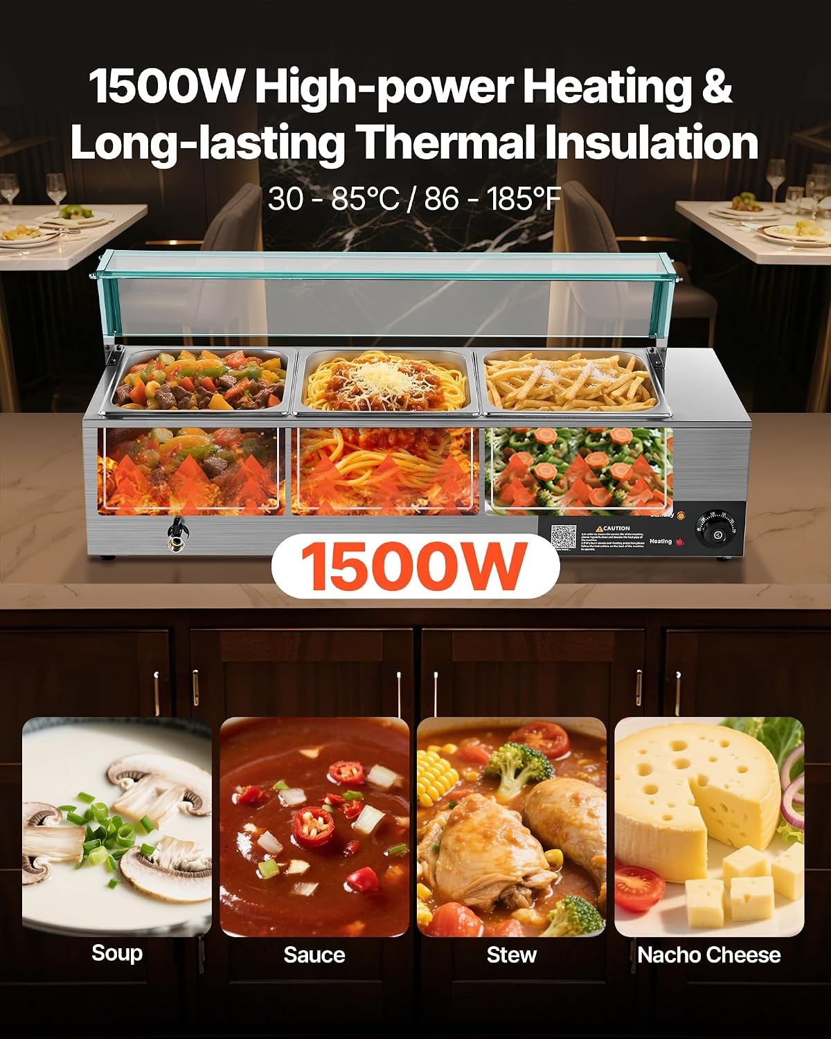 image:imageVEVOR Commercial Food Warmer 1500W Electric Stainless Steel Steam Food Warmer with Glass Cover 6 x 12 Size Pans Buffet Bain Marie with Soup amp Perforated Ladles for Catering Restaurant amp Party3622 x 1437 x 1516 in