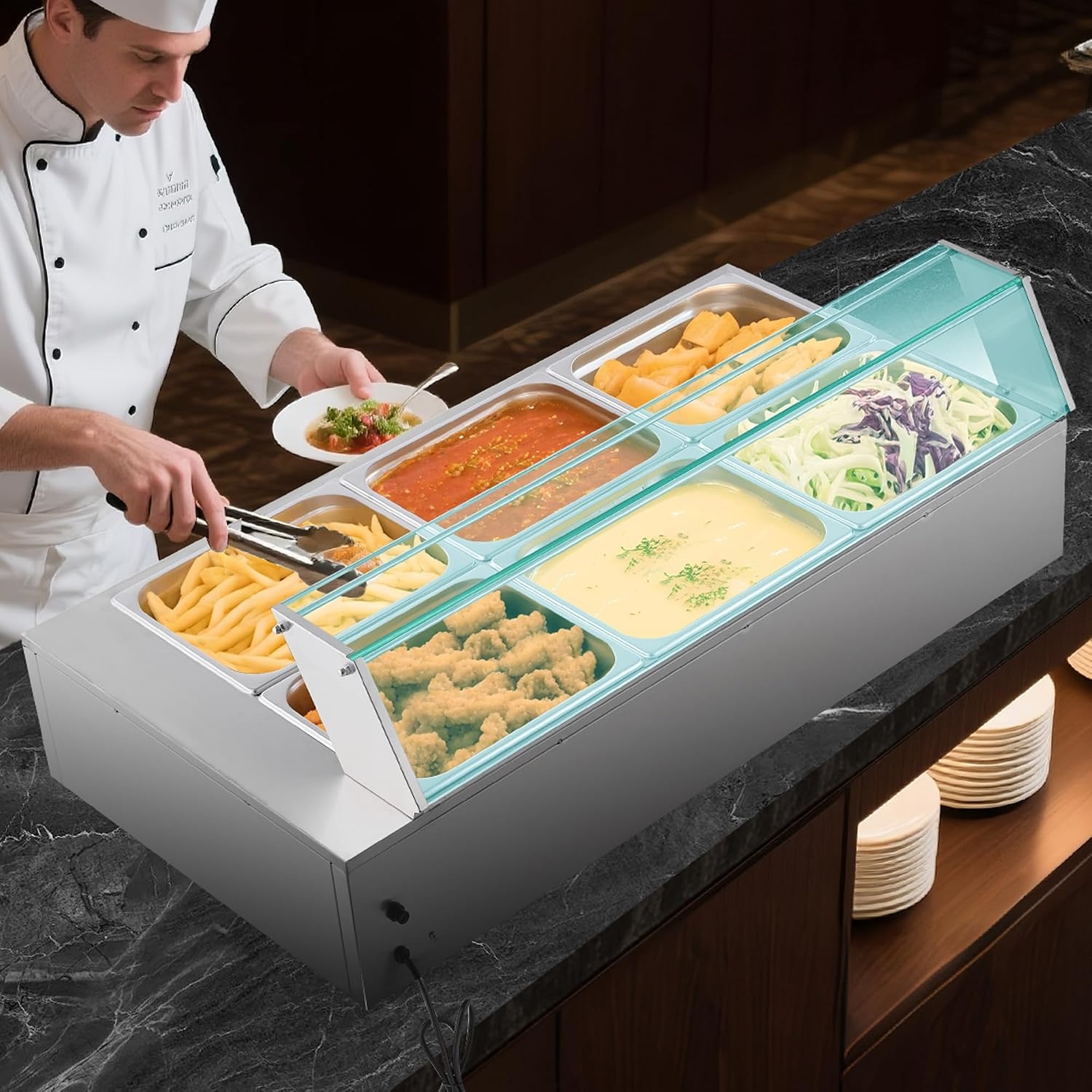 image:imageVEVOR Commercial Food Warmer 1500W Electric Stainless Steel Steam Food Warmer with Glass Cover 6 x 12 Size Pans Buffet Bain Marie with Soup amp Perforated Ladles for Catering Restaurant amp Party6x12Pan 72QT