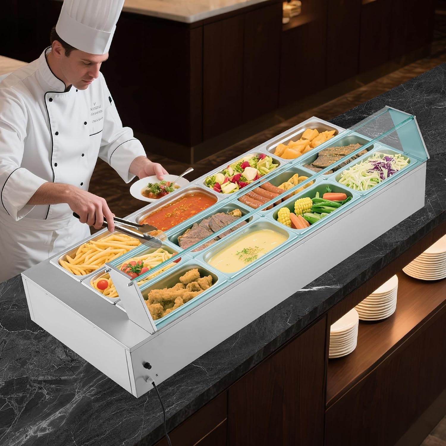 image:imageVEVOR Commercial Food Warmer 1500W Electric Stainless Steel Steam Food Warmer with Glass Cover 6 x 12 Size Pans Buffet Bain Marie with Soup amp Perforated Ladles for Catering Restaurant amp Party563 x 2244 x 1516 in