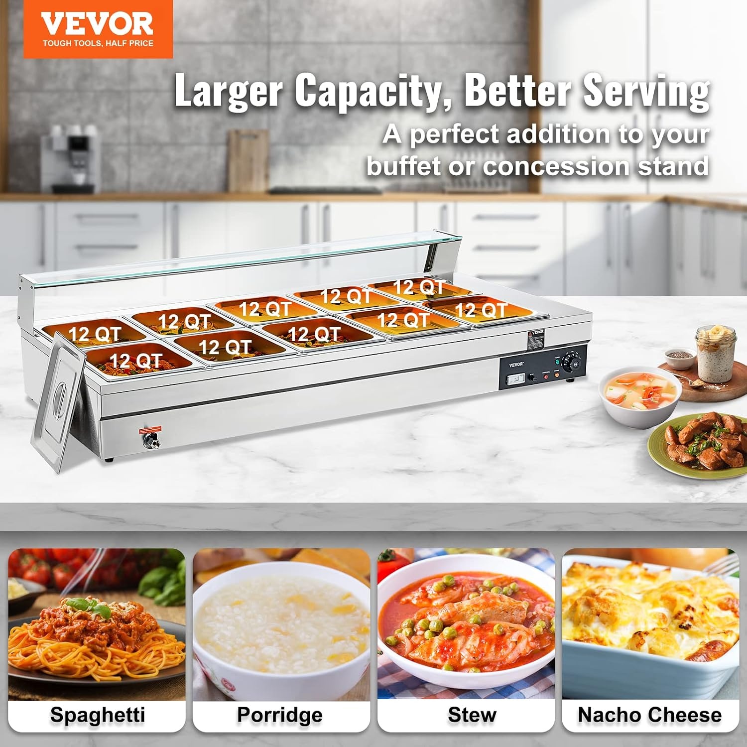 image:imageVEVOR Commercial Food Warmer 1500W Electric Stainless Steel Steam Food Warmer with Glass Cover 6 x 12 Size Pans Buffet Bain Marie with Soup amp Perforated Ladles for Catering Restaurant amp Party10Pan