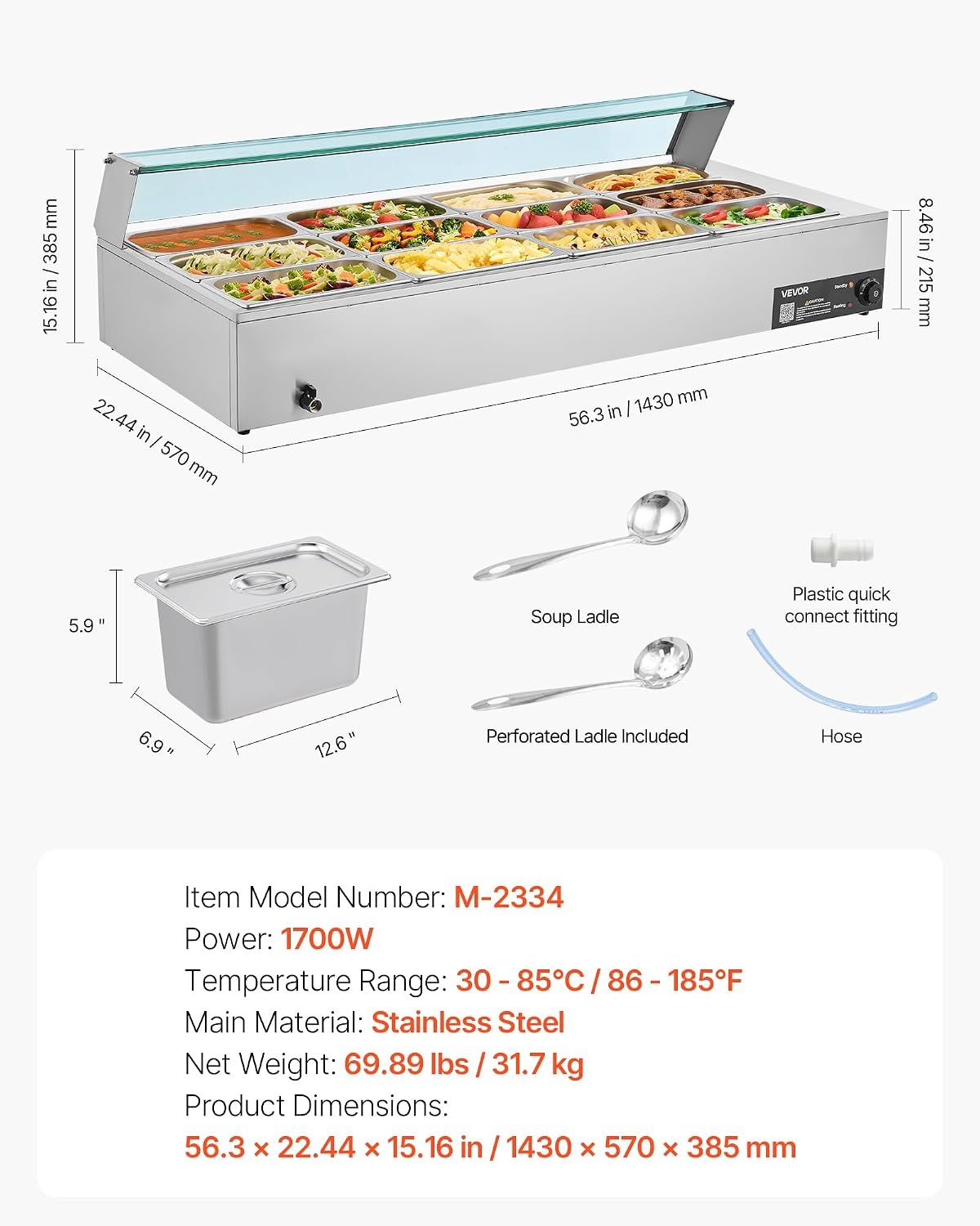 image:imageVEVOR Commercial Food Warmer 1500W Electric Stainless Steel Steam Food Warmer with Glass Cover 6 x 12 Size Pans Buffet Bain Marie with Soup amp Perforated Ladles for Catering Restaurant amp Party563 x 2244 x 1516 in