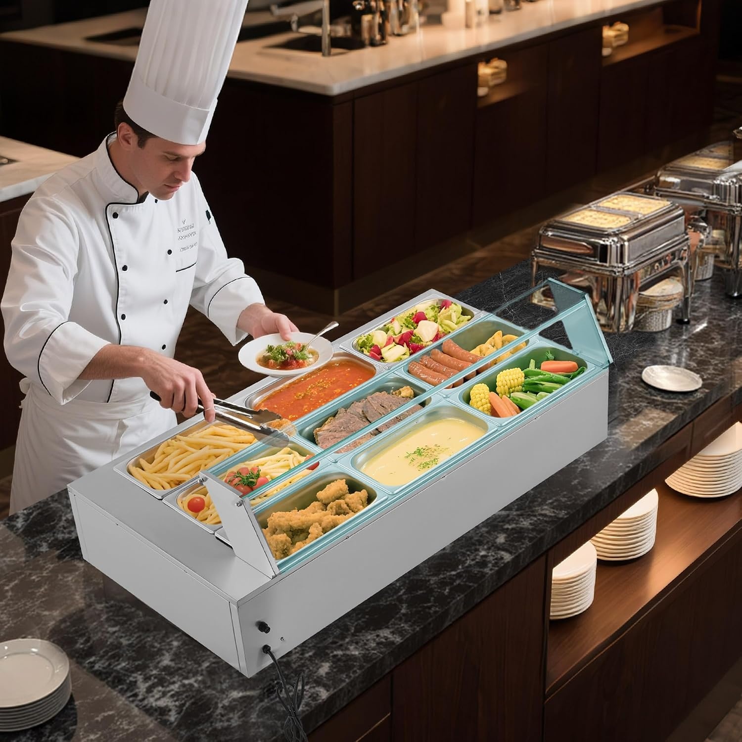 image:imageVEVOR Commercial Food Warmer 1500W Electric Stainless Steel Steam Food Warmer with Glass Cover 6 x 12 Size Pans Buffet Bain Marie with Soup amp Perforated Ladles for Catering Restaurant amp Party9x13Pan72QT