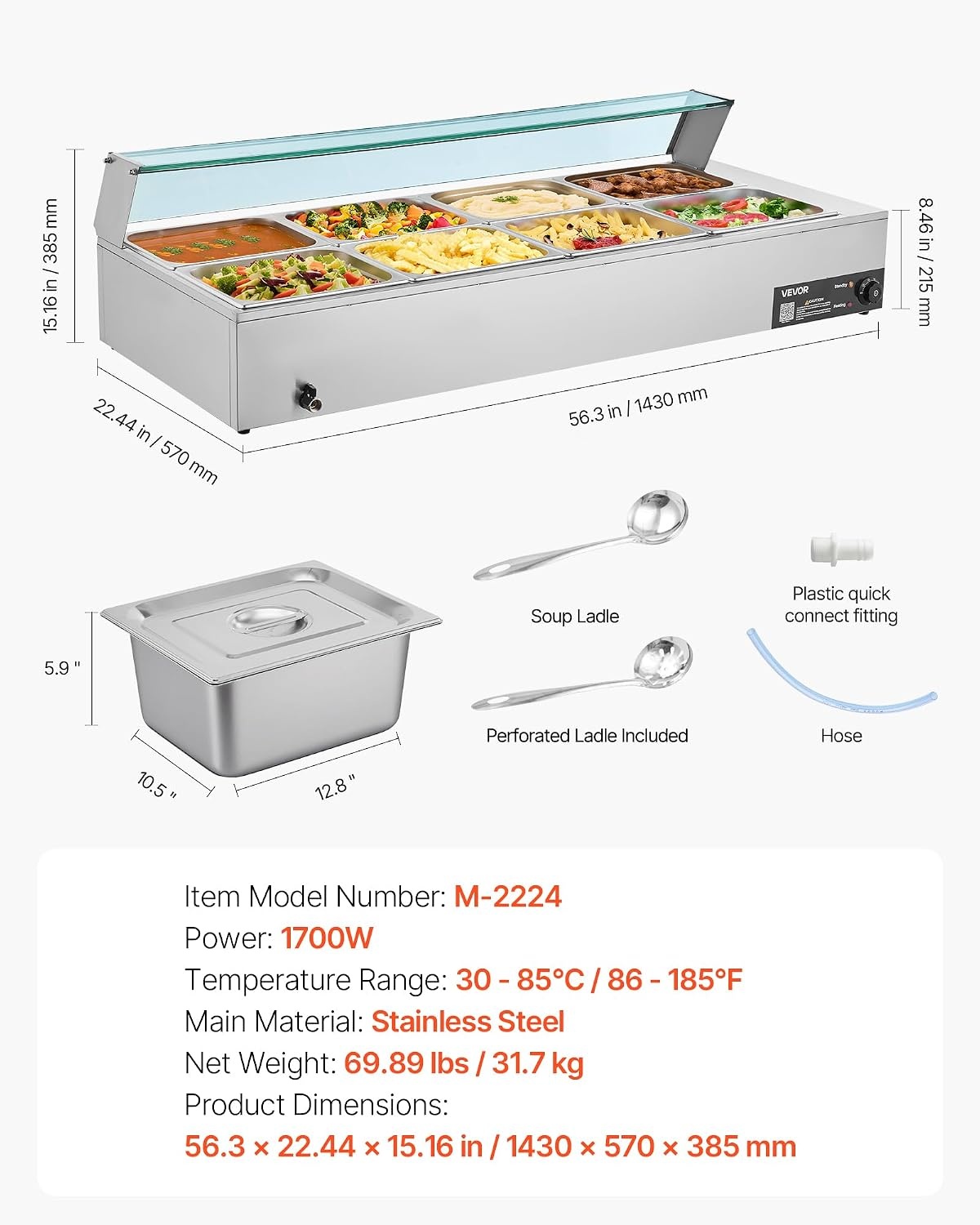 image:imageVEVOR Commercial Food Warmer 1500W Electric Stainless Steel Steam Food Warmer with Glass Cover 6 x 12 Size Pans Buffet Bain Marie with Soup amp Perforated Ladles for Catering Restaurant amp Party8x12Pan 96QT
