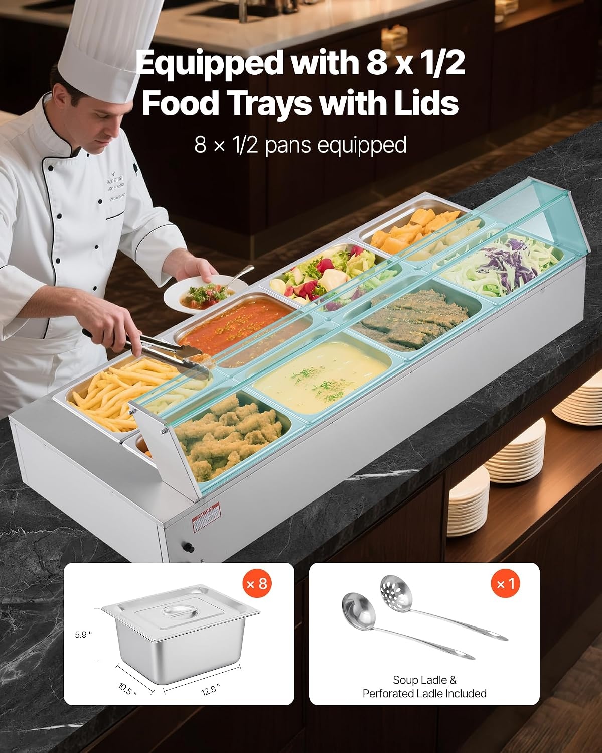 image:imageVEVOR Commercial Food Warmer 1500W Electric Stainless Steel Steam Food Warmer with Glass Cover 6 x 12 Size Pans Buffet Bain Marie with Soup amp Perforated Ladles for Catering Restaurant amp Party8x12Pan 96QT