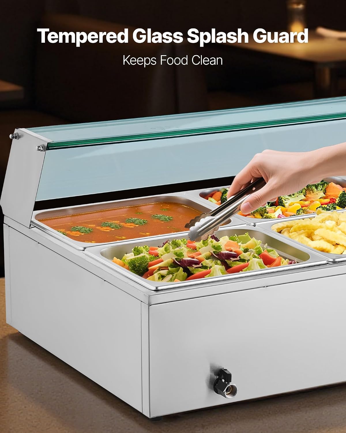 image:imageVEVOR Commercial Food Warmer 1500W Electric Stainless Steel Steam Food Warmer with Glass Cover 6 x 12 Size Pans Buffet Bain Marie with Soup amp Perforated Ladles for Catering Restaurant amp Party8x12Pan 96QT