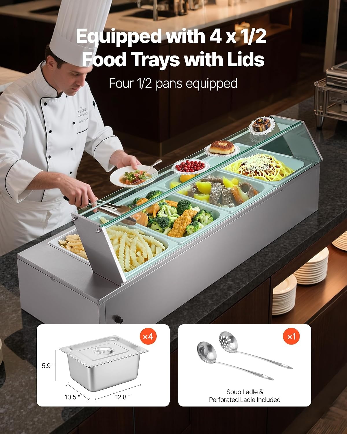 image:imageVEVOR Commercial Food Warmer 1500W Electric Stainless Steel Steam Food Warmer with Glass Cover 6 x 12 Size Pans Buffet Bain Marie with Soup amp Perforated Ladles for Catering Restaurant amp Party4x12Pan48QT