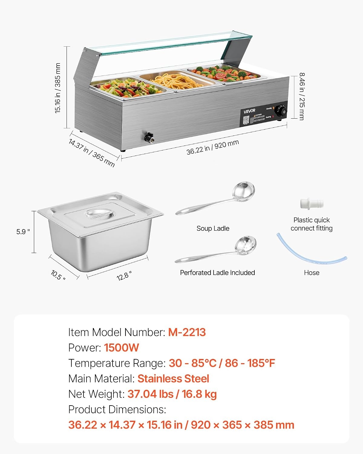 image:imageVEVOR Commercial Food Warmer 1500W Electric Stainless Steel Steam Food Warmer with Glass Cover 6 x 12 Size Pans Buffet Bain Marie with Soup amp Perforated Ladles for Catering Restaurant amp Party3622 x 1437 x 1516 in