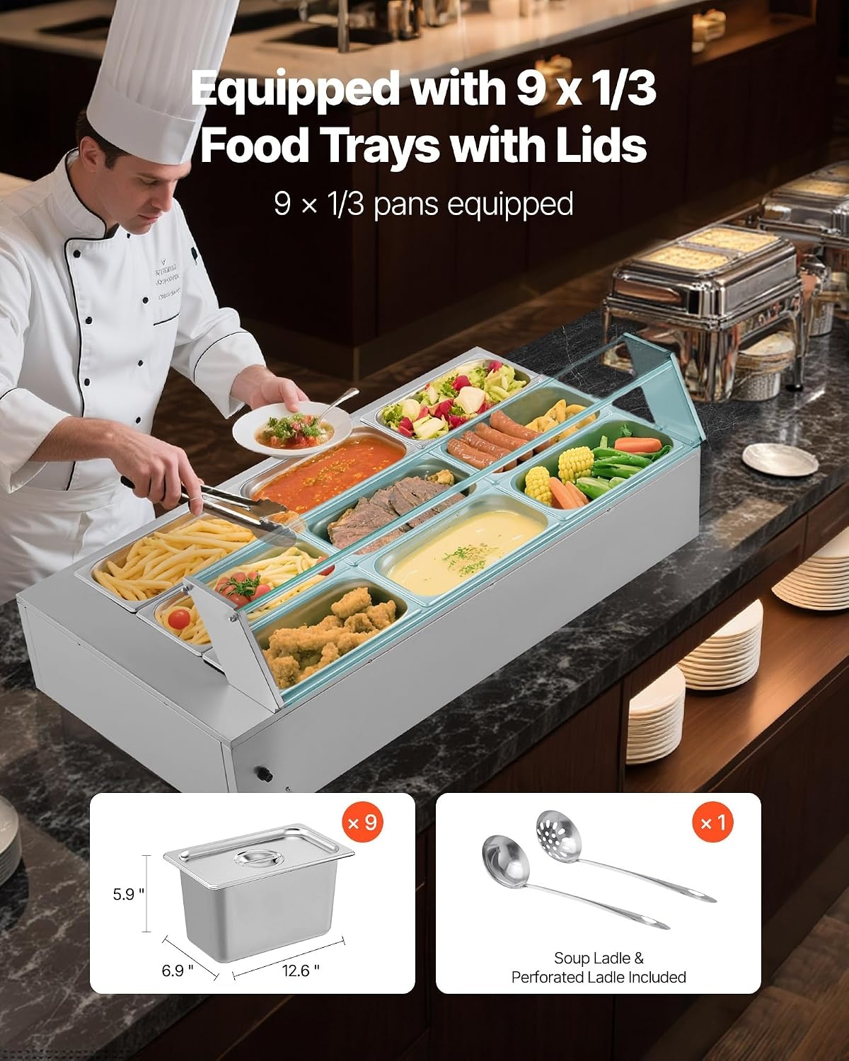 image:imageVEVOR Commercial Food Warmer 1500W Electric Stainless Steel Steam Food Warmer with Glass Cover 6 x 12 Size Pans Buffet Bain Marie with Soup amp Perforated Ladles for Catering Restaurant amp Party9x13Pan72QT