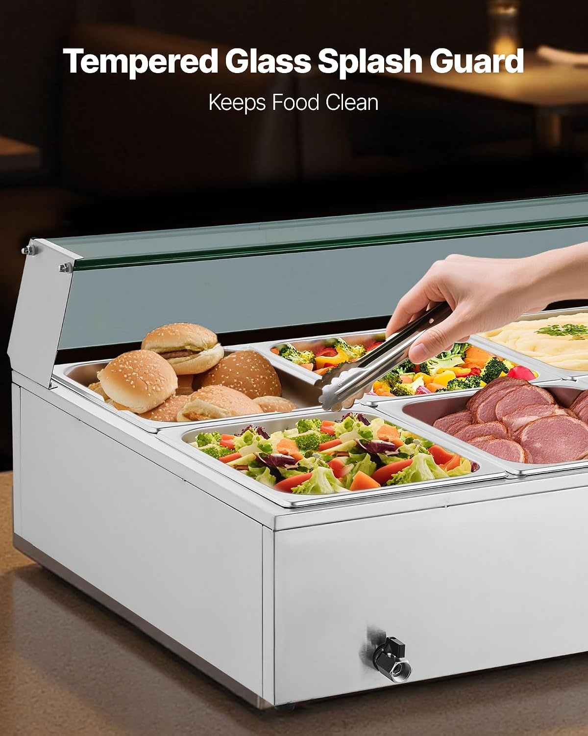 image:imageVEVOR Commercial Food Warmer 1500W Electric Stainless Steel Steam Food Warmer with Glass Cover 6 x 12 Size Pans Buffet Bain Marie with Soup amp Perforated Ladles for Catering Restaurant amp Party10x12Pan120QT