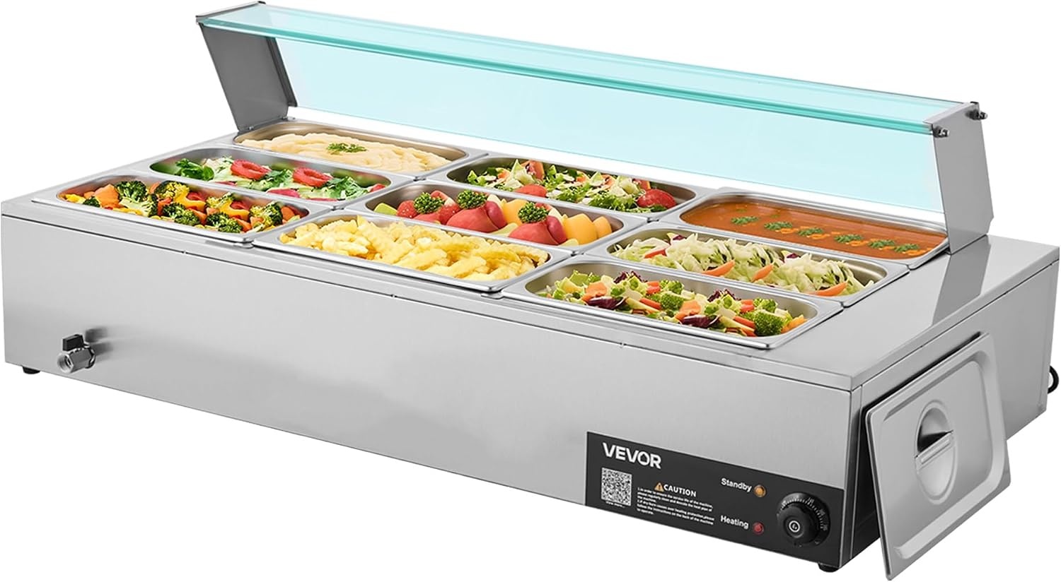 image:imageVEVOR Commercial Food Warmer 1500W Electric Stainless Steel Steam Food Warmer with Glass Cover 6 x 12 Size Pans Buffet Bain Marie with Soup amp Perforated Ladles for Catering Restaurant amp Party9x13Pan72QT