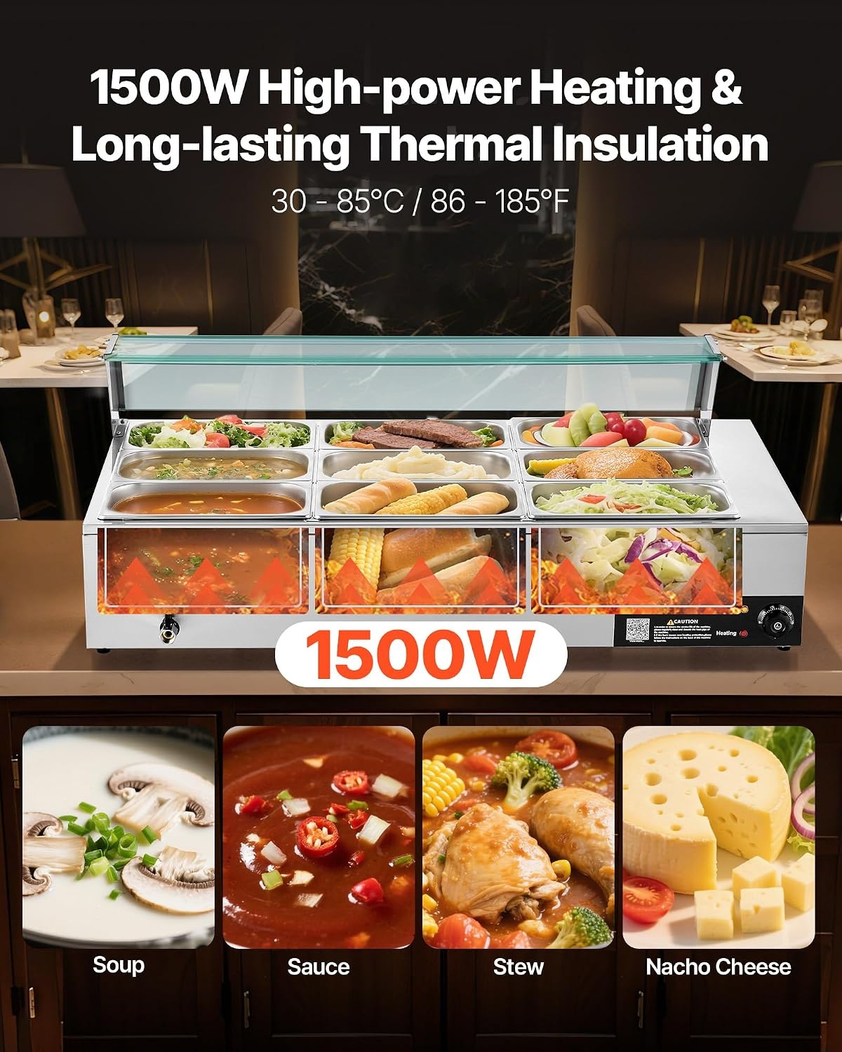 image:imageVEVOR Commercial Food Warmer 1500W Electric Stainless Steel Steam Food Warmer with Glass Cover 6 x 12 Size Pans Buffet Bain Marie with Soup amp Perforated Ladles for Catering Restaurant amp Party9x13Pan72QT