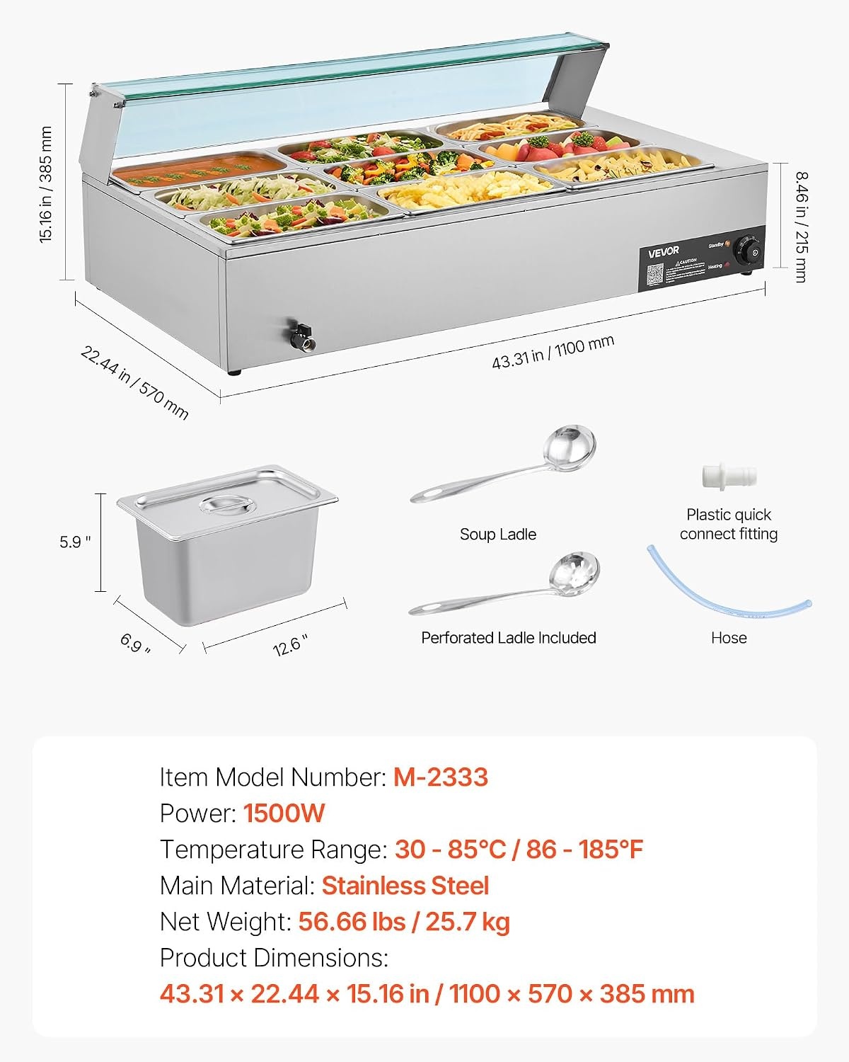image:imageVEVOR Commercial Food Warmer 1500W Electric Stainless Steel Steam Food Warmer with Glass Cover 6 x 12 Size Pans Buffet Bain Marie with Soup amp Perforated Ladles for Catering Restaurant amp Party9x13Pan72QT