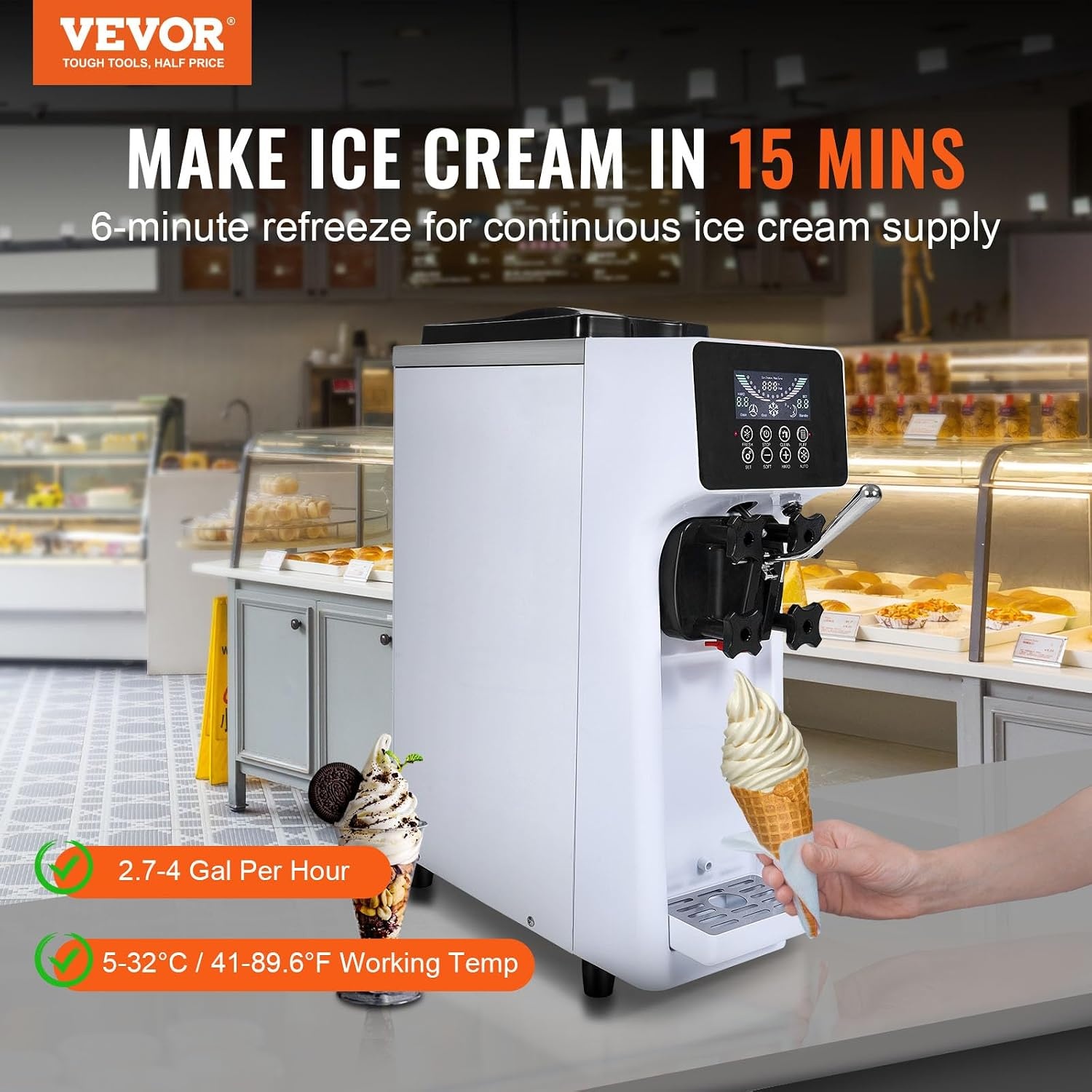 image:imageVEVOR Commercial Ice Cream Machine 106 QTH Yield 1000W Soft Serve Countertop Ice Cream Maker Single Flavor 4L Hopper amp 16L Cylinder LCD Display Auto Clean PreCooling Restaurant Snack Bar