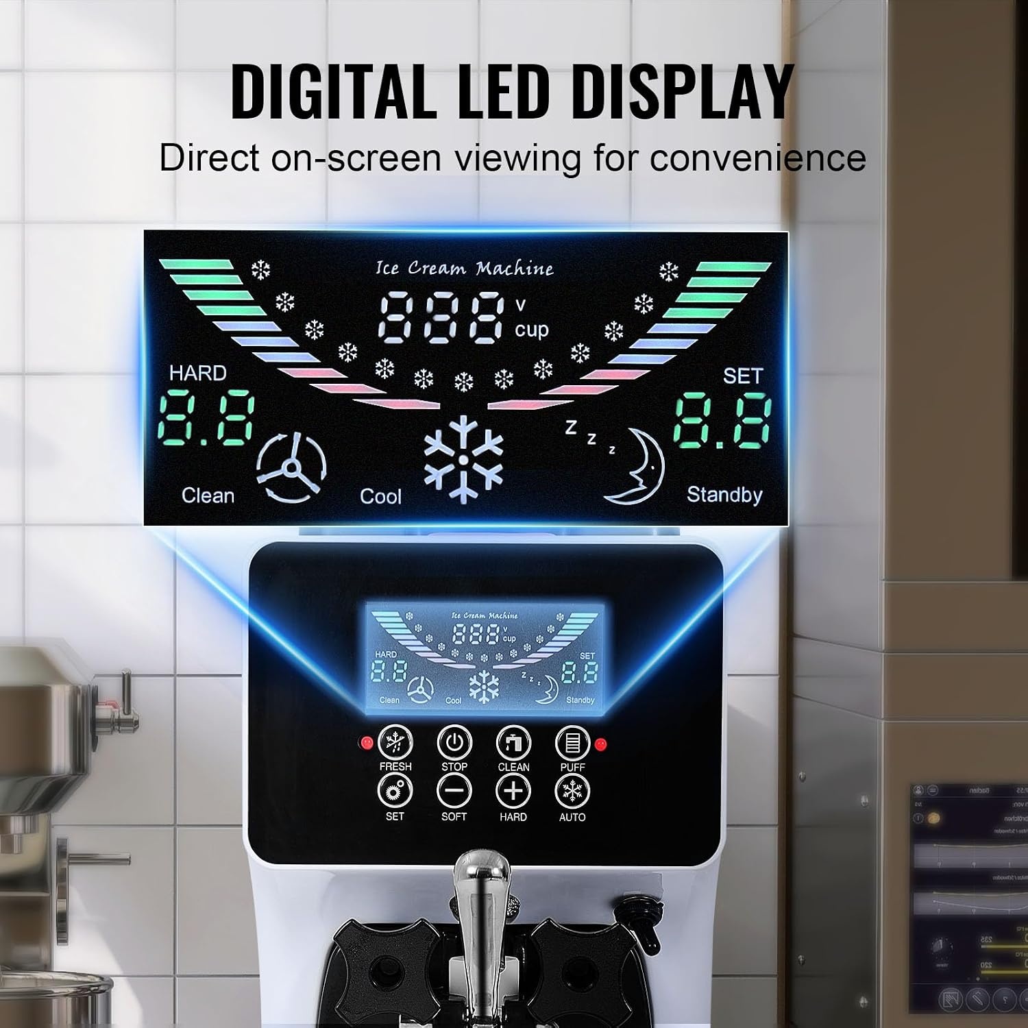 image:imageVEVOR Commercial Ice Cream Machine 106 QTH Yield 1000W Soft Serve Countertop Ice Cream Maker Single Flavor 4L Hopper amp 16L Cylinder LCD Display Auto Clean PreCooling Restaurant Snack Bar