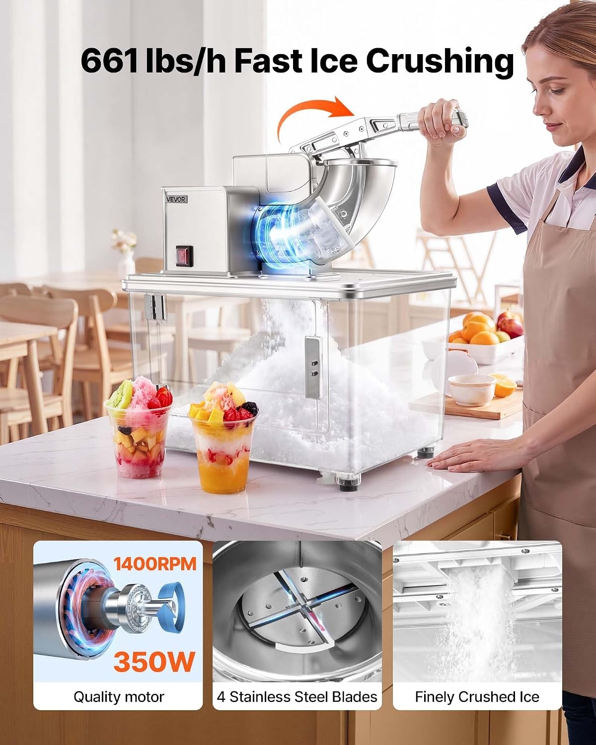 image:imageVEVOR Commercial Ice Crusher 661LBSH 350W Electric Snow Cone Machine with 4 Blades 2000RPM Stainless Steel Shaved Ice Machine with 11 Gal CrushedIce Box for Family Restaurants Bars SilverSilver