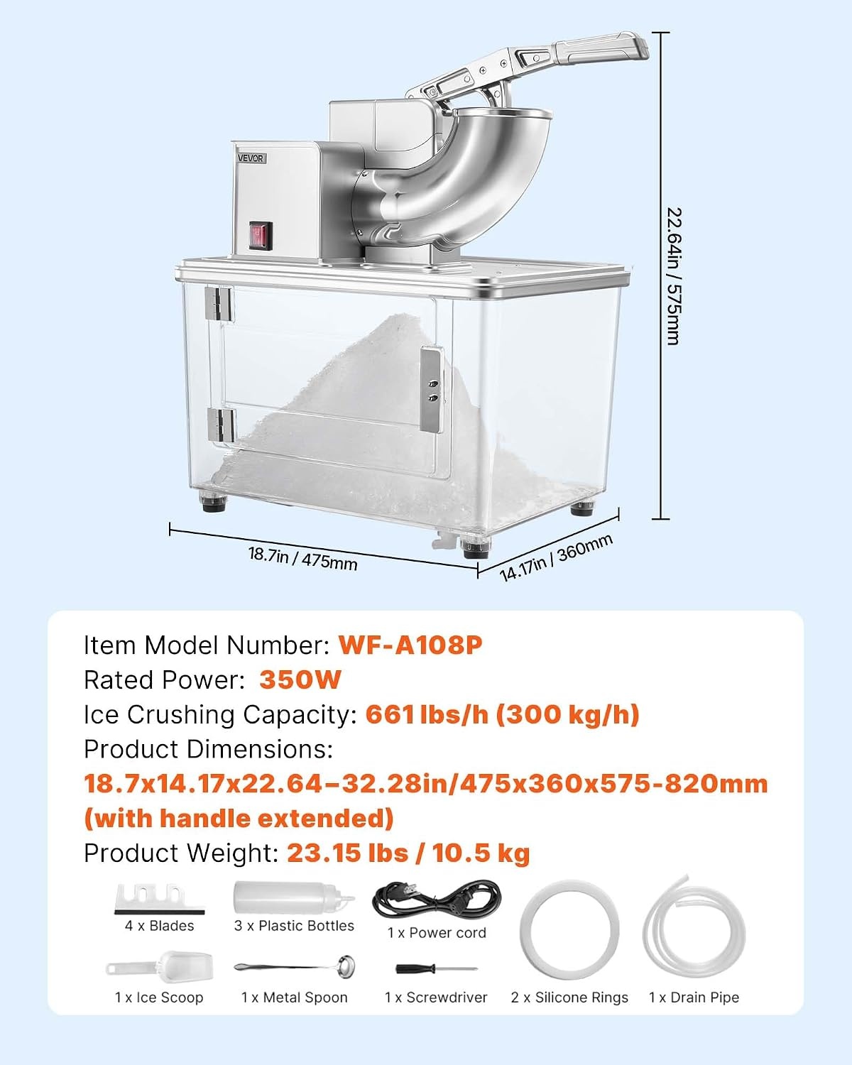 image:imageVEVOR Commercial Ice Crusher 661LBSH 350W Electric Snow Cone Machine with 4 Blades 2000RPM Stainless Steel Shaved Ice Machine with 11 Gal CrushedIce Box for Family Restaurants Bars SilverSilver