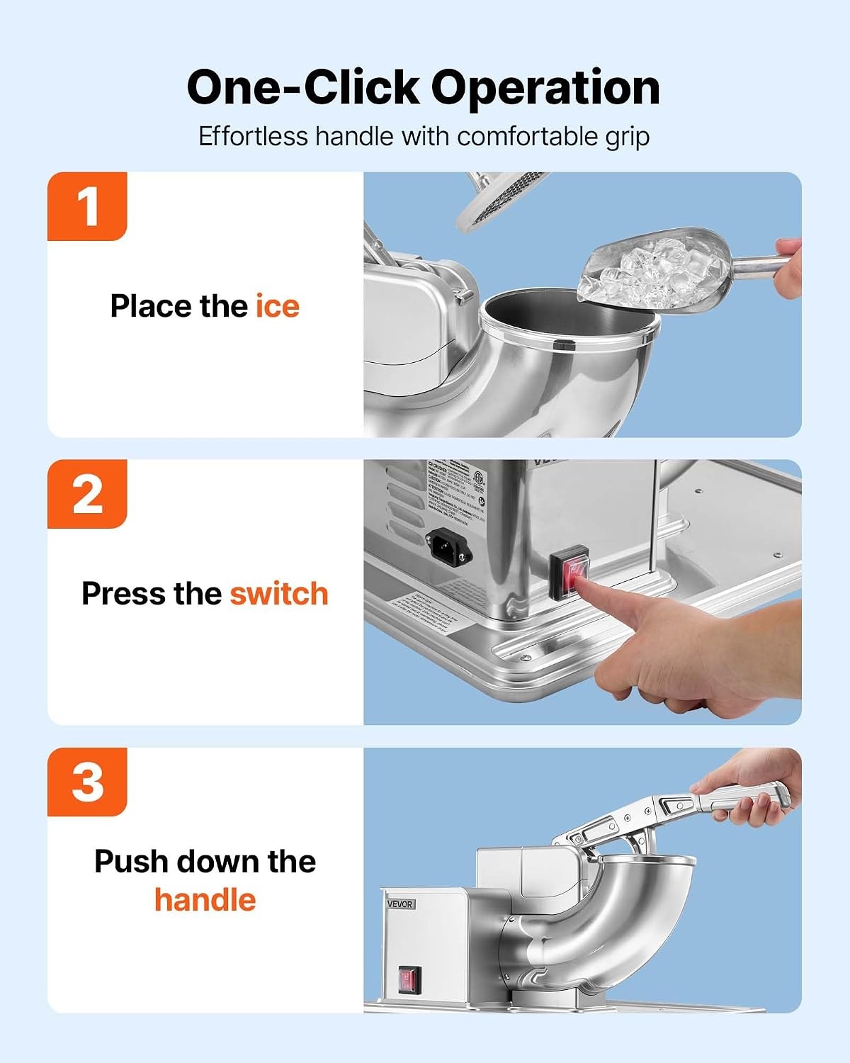 image:imageVEVOR Commercial Ice Crusher 661LBSH 350W Electric Snow Cone Machine with 4 Blades 2000RPM Stainless Steel Shaved Ice Machine with 11 Gal CrushedIce Box for Family Restaurants Bars SilverSilver