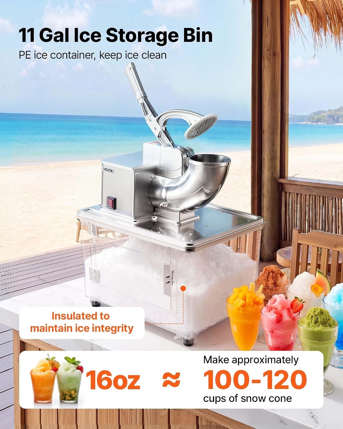 image:imageVEVOR Commercial Ice Crusher 661LBSH 350W Electric Snow Cone Machine with 4 Blades 2000RPM Stainless Steel Shaved Ice Machine with 11 Gal CrushedIce Box for Family Restaurants Bars SilverSilver