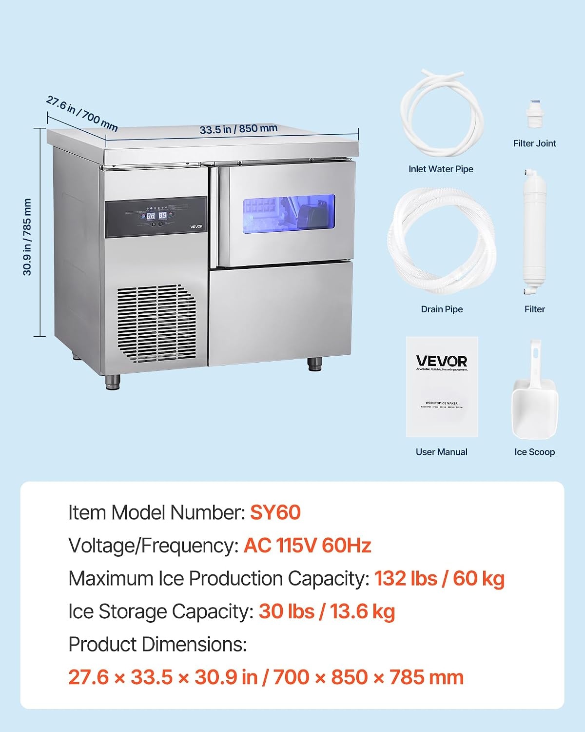 image:imageVEVOR Commercial Ice Maker Machine 132 lbs24H Stainless Steel Ice Machine with Worktop 30 lbs Storage amp 70 CubesCycle SelfCleaning Freestanding IceMaking for Home Bar Office Restaurant Kitchen