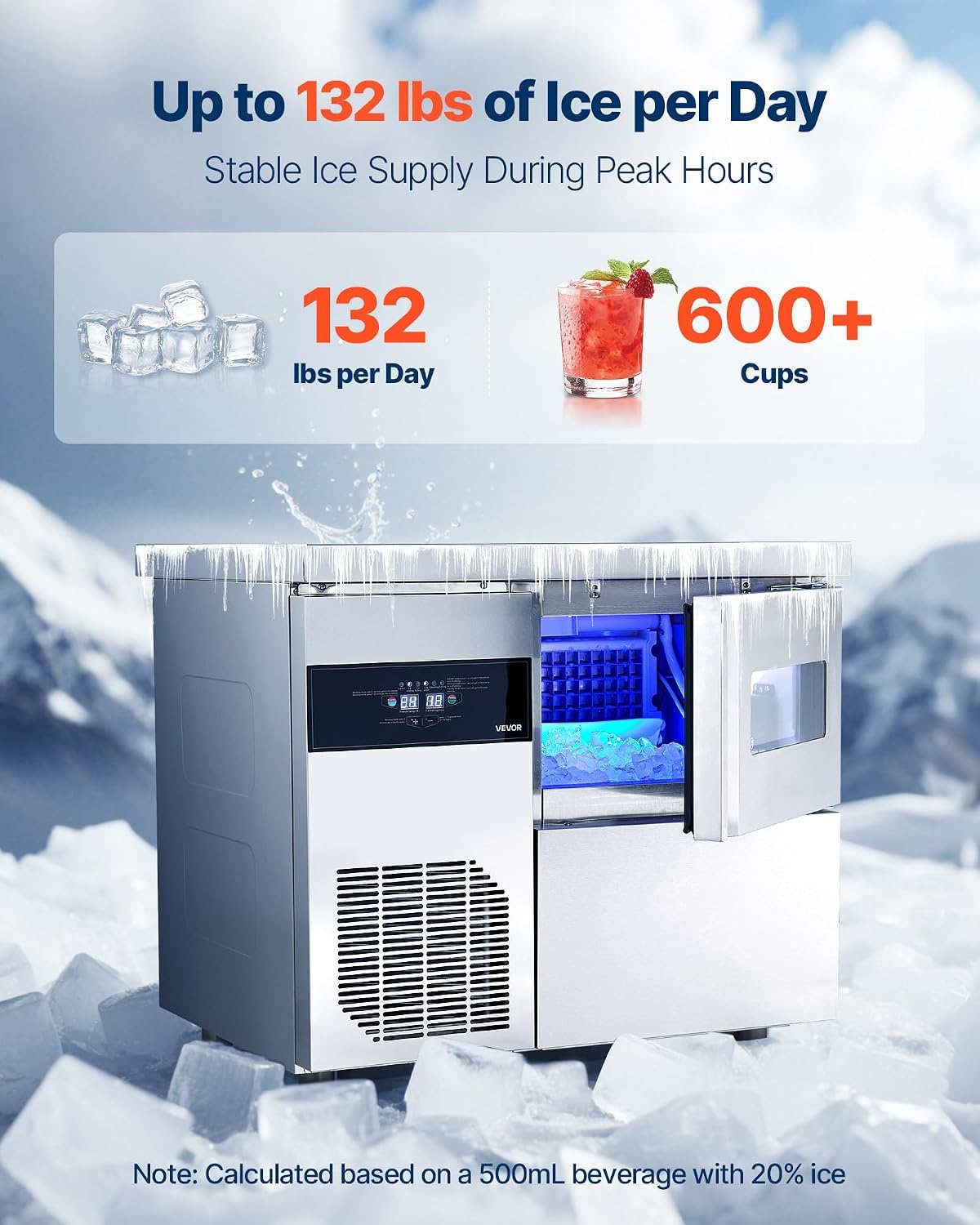 image:imageVEVOR Commercial Ice Maker Machine 132 lbs24H Stainless Steel Ice Machine with Worktop 30 lbs Storage amp 70 CubesCycle SelfCleaning Freestanding IceMaking for Home Bar Office Restaurant Kitchen