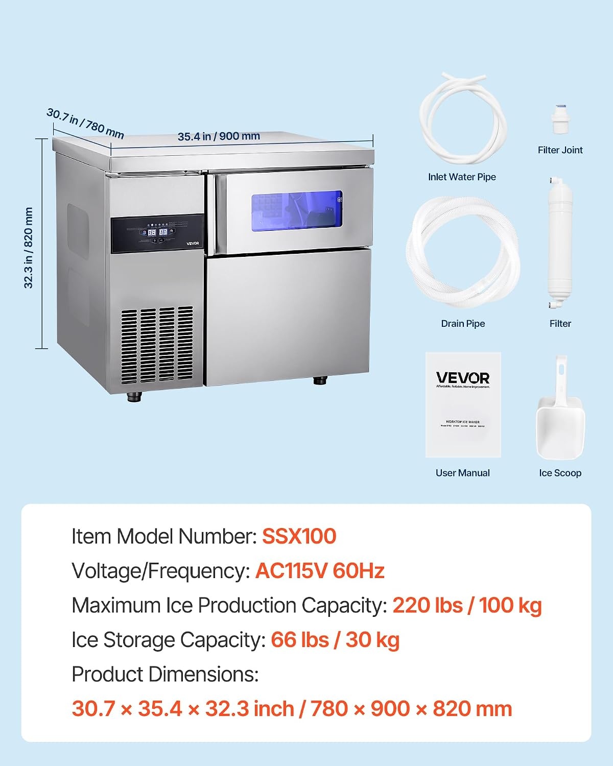 image:imageVEVOR Commercial Ice Maker Machine 220 lbs24H Stainless Steel Ice Machine with Worktop 66 lbs Storage amp 108 CubesCycle SelfCleaning Freestanding IceMaking for Home Bar Office Restaurant Kitchen220 lbs24H without sink
