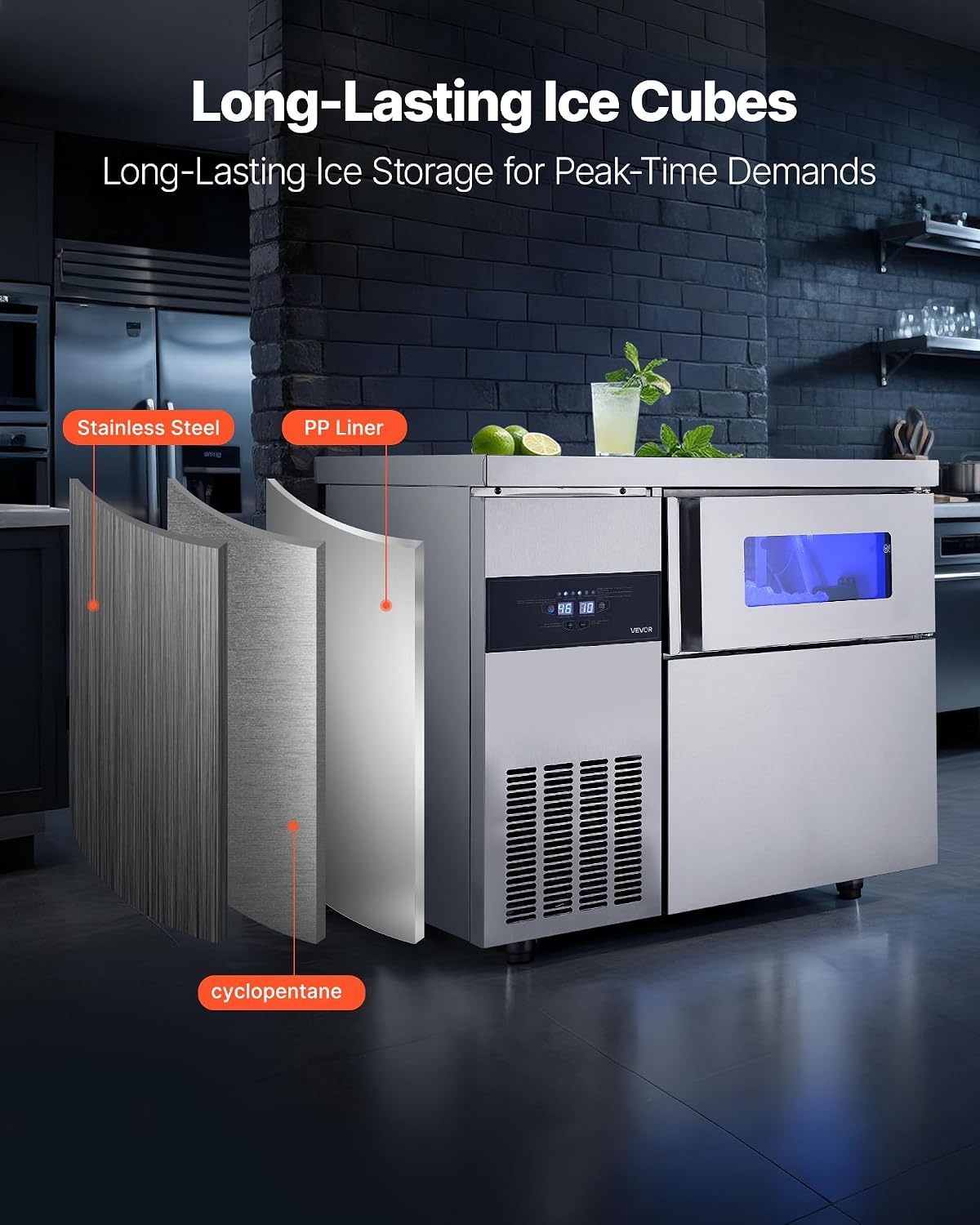 image:imageVEVOR Commercial Ice Maker Machine 220 lbs24H Stainless Steel Ice Machine with Worktop 66 lbs Storage amp 108 CubesCycle SelfCleaning Freestanding IceMaking for Home Bar Office Restaurant Kitchen220 lbs24H without sink