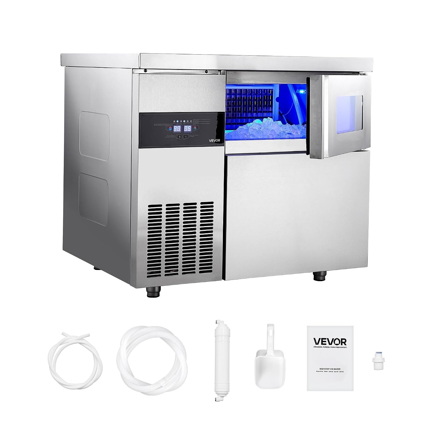 image:imageVEVOR Commercial Ice Maker Machine 220 lbs24H Stainless Steel Ice Machine with Worktop 66 lbs Storage amp 108 CubesCycle SelfCleaning Freestanding IceMaking for Home Bar Office Restaurant Kitchen220 lbs24H without sink