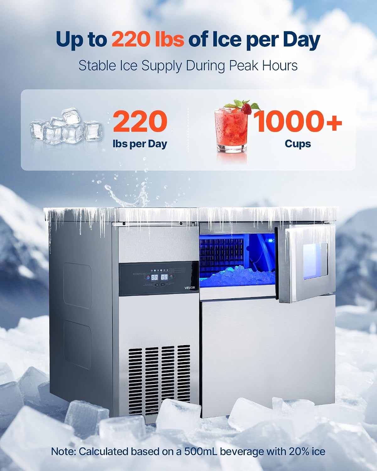 image:imageVEVOR Commercial Ice Maker Machine 220 lbs24H Stainless Steel Ice Machine with Worktop 66 lbs Storage amp 108 CubesCycle SelfCleaning Freestanding IceMaking for Home Bar Office Restaurant Kitchen220 lbs24H without sink