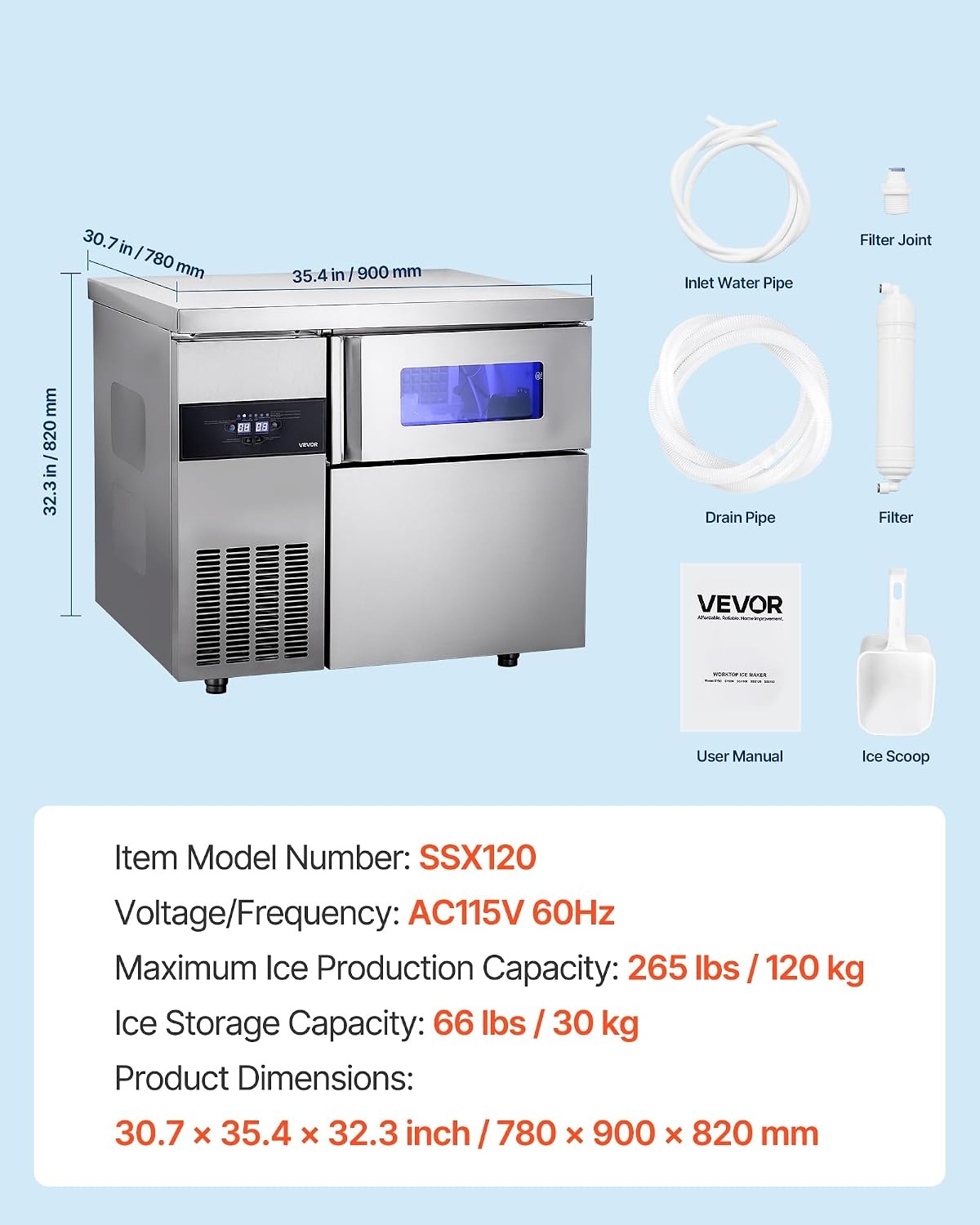 image:imageVEVOR Commercial Ice Maker Machine 220 lbs24H Stainless Steel Ice Machine with Worktop 66 lbs Storage amp 108 CubesCycle SelfCleaning Freestanding IceMaking for Home Bar Office Restaurant Kitchen265 lbs24H without sink