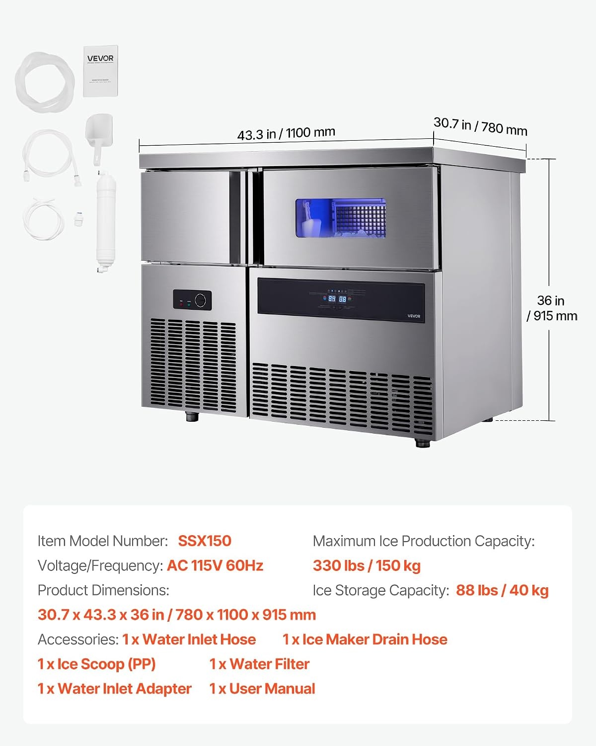 image:imageVEVOR Commercial Ice Maker Machine 220 lbs24H Stainless Steel Ice Machine with Worktop 66 lbs Storage amp 108 CubesCycle SelfCleaning Freestanding IceMaking for Home Bar Office Restaurant Kitchen330 lbs24H without sink