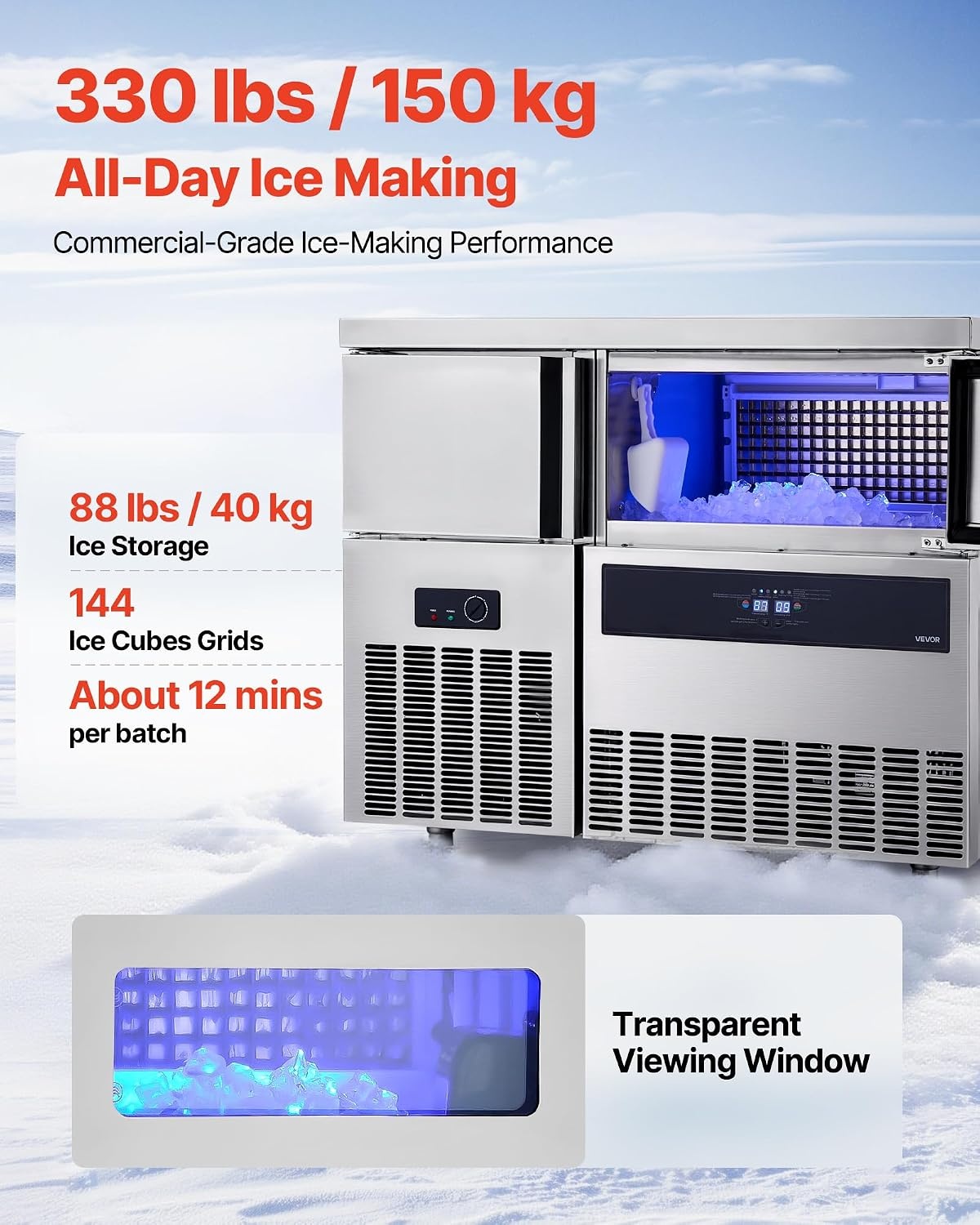 image:imageVEVOR Commercial Ice Maker Machine 220 lbs24H Stainless Steel Ice Machine with Worktop 66 lbs Storage amp 108 CubesCycle SelfCleaning Freestanding IceMaking for Home Bar Office Restaurant Kitchen330 lbs24H without sink