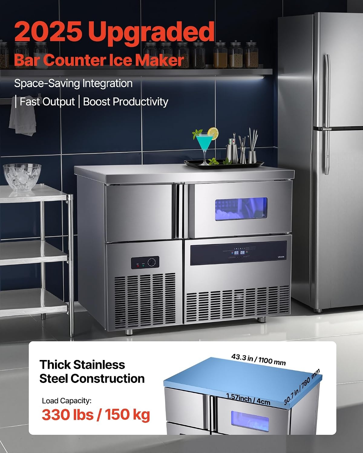 image:imageVEVOR Commercial Ice Maker Machine 220 lbs24H Stainless Steel Ice Machine with Worktop 66 lbs Storage amp 108 CubesCycle SelfCleaning Freestanding IceMaking for Home Bar Office Restaurant Kitchen330 lbs24H without sink