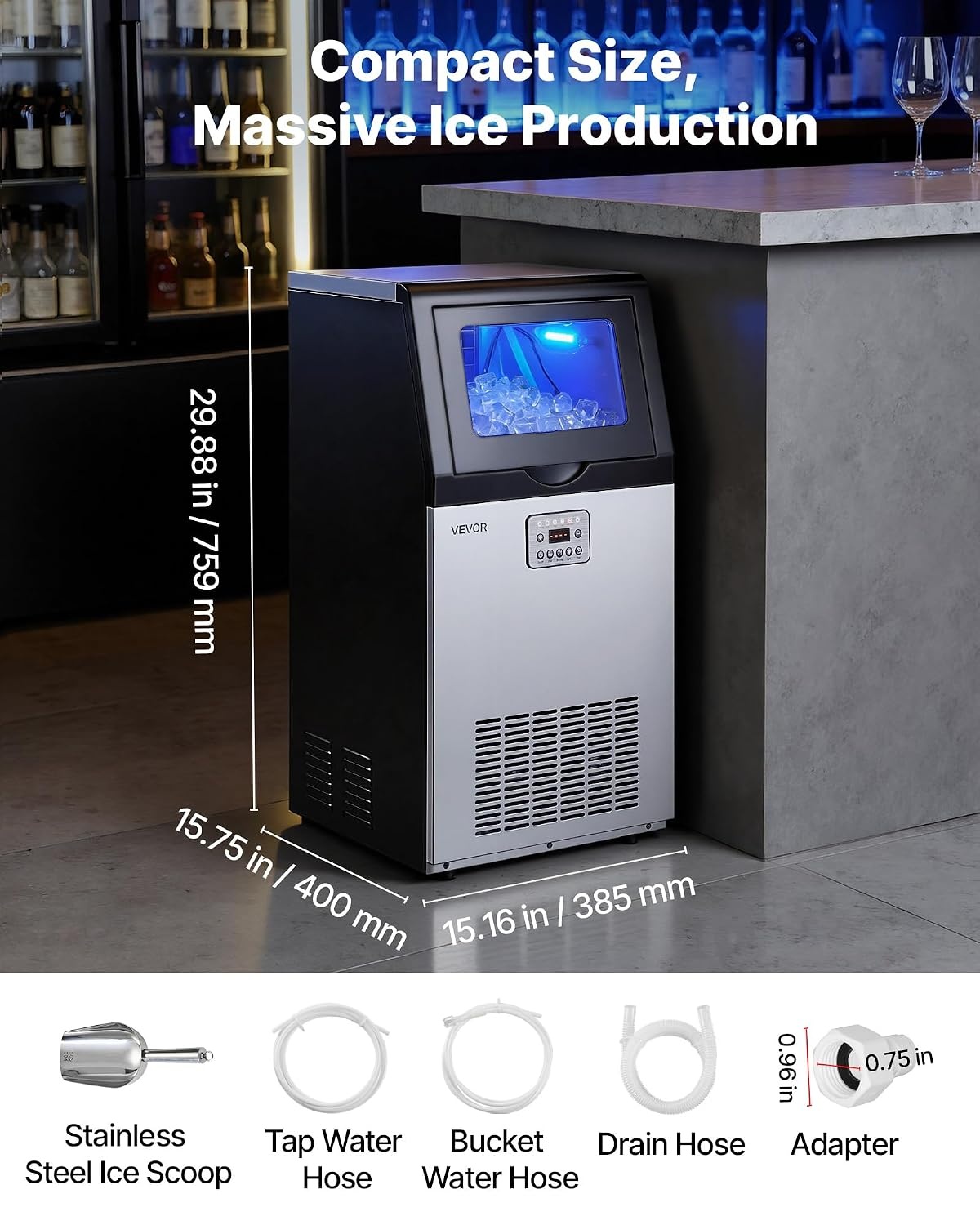 image:imageVEVOR Commercial Ice Maker Machine 80 lbs24h with 6813 lbs Storage Capacity CountertopFreestandingUnder Counter Stainless Steel Ice Maker with LED Display amp SelfCleaning Home Bar Restaurant120lbs24HDual Water Inlet