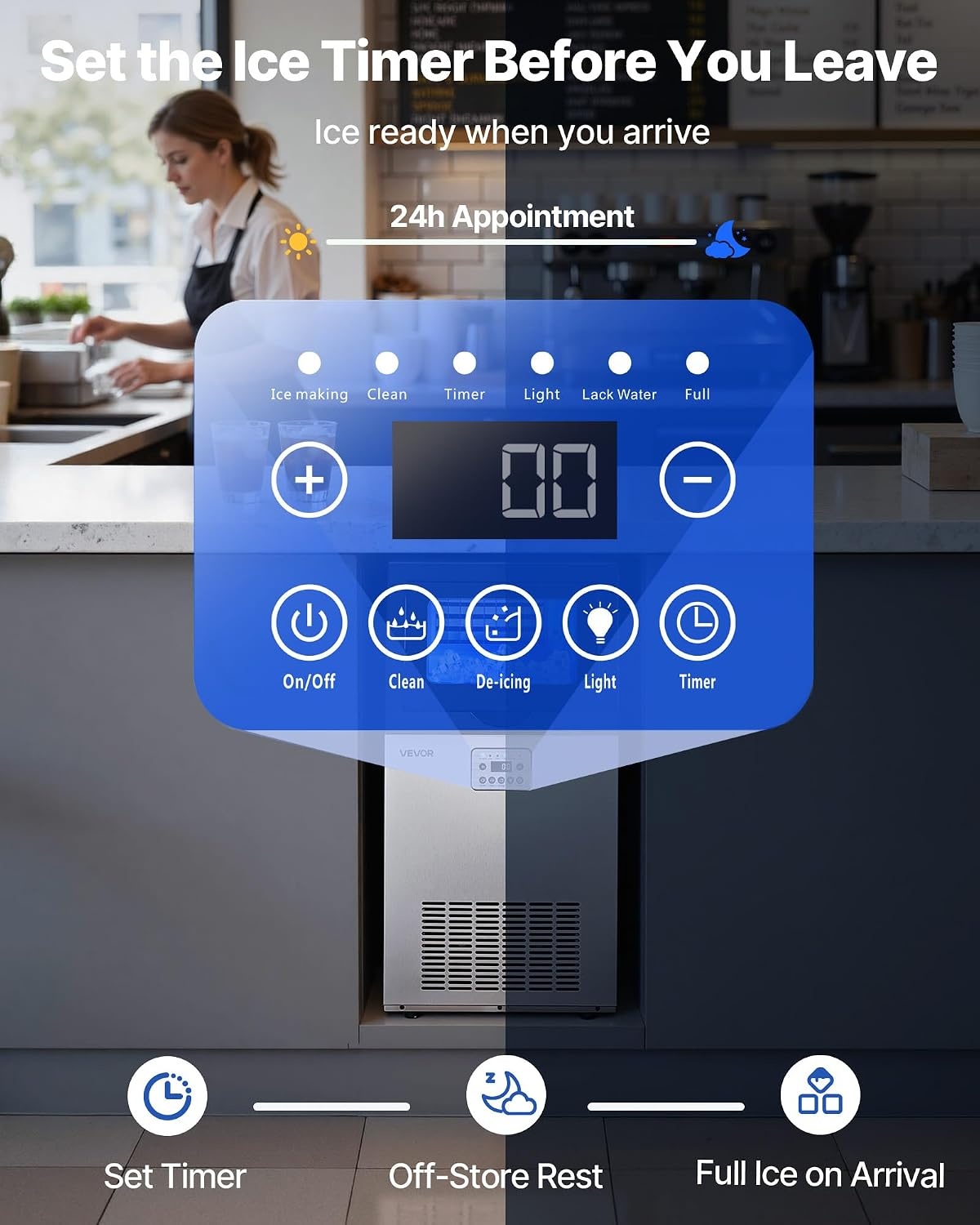 image:imageVEVOR Commercial Ice Maker Machine 80 lbs24h with 6813 lbs Storage Capacity CountertopFreestandingUnder Counter Stainless Steel Ice Maker with LED Display amp SelfCleaning Home Bar Restaurant100 Lbs24H