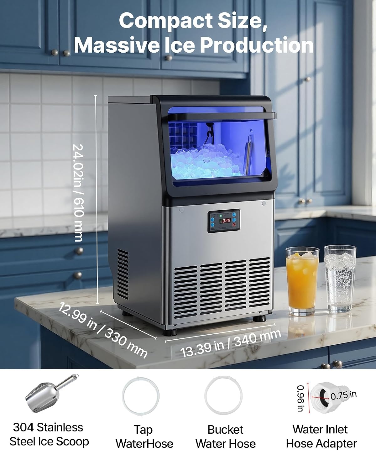 image:imageVEVOR Commercial Ice Maker Machine 80 lbs24h with 6813 lbs Storage Capacity CountertopFreestandingUnder Counter Stainless Steel Ice Maker with LED Display amp SelfCleaning Home Bar Restaurant90lbs24HDual Water Inlet