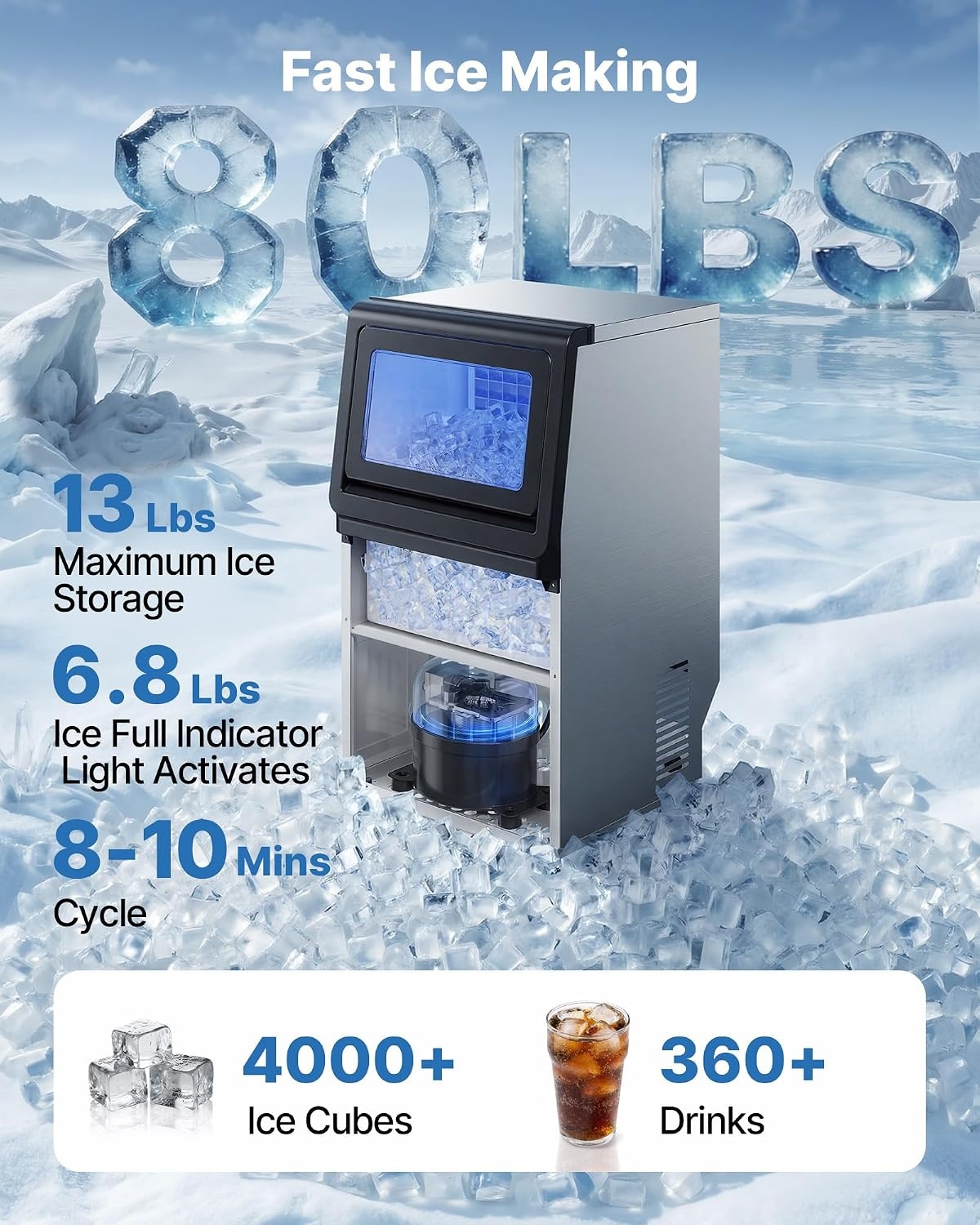 image:imageVEVOR Commercial Ice Maker Machine 80 lbs24h with 6813 lbs Storage Capacity CountertopFreestandingUnder Counter Stainless Steel Ice Maker with LED Display amp SelfCleaning Home Bar Restaurant80lbs24H