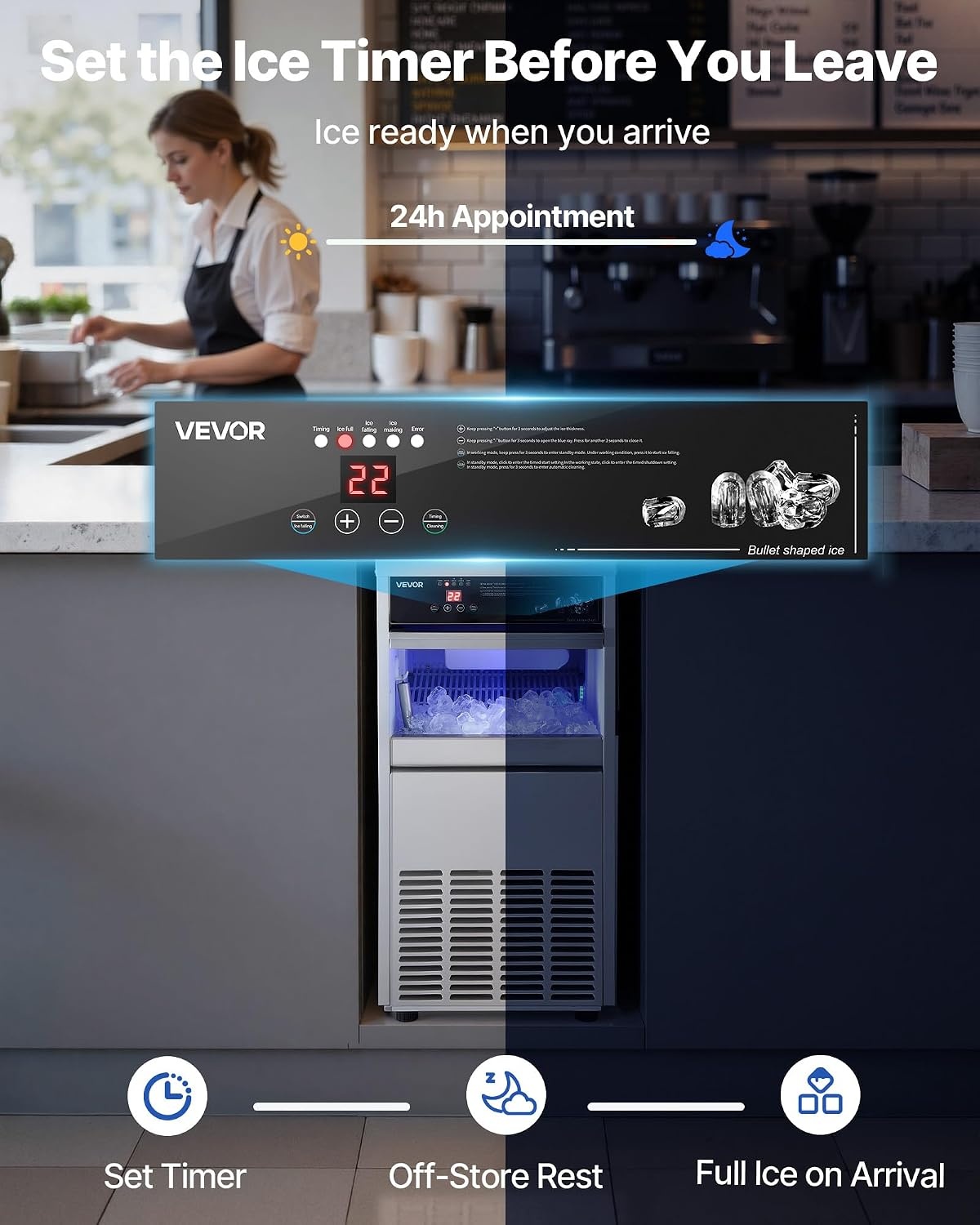 image:imageVEVOR Commercial Ice Maker Machine 80 lbs24h with 6813 lbs Storage Capacity CountertopFreestandingUnder Counter Stainless Steel Ice Maker with LED Display amp SelfCleaning Home Bar Restaurant100lbs24HBullet Ice