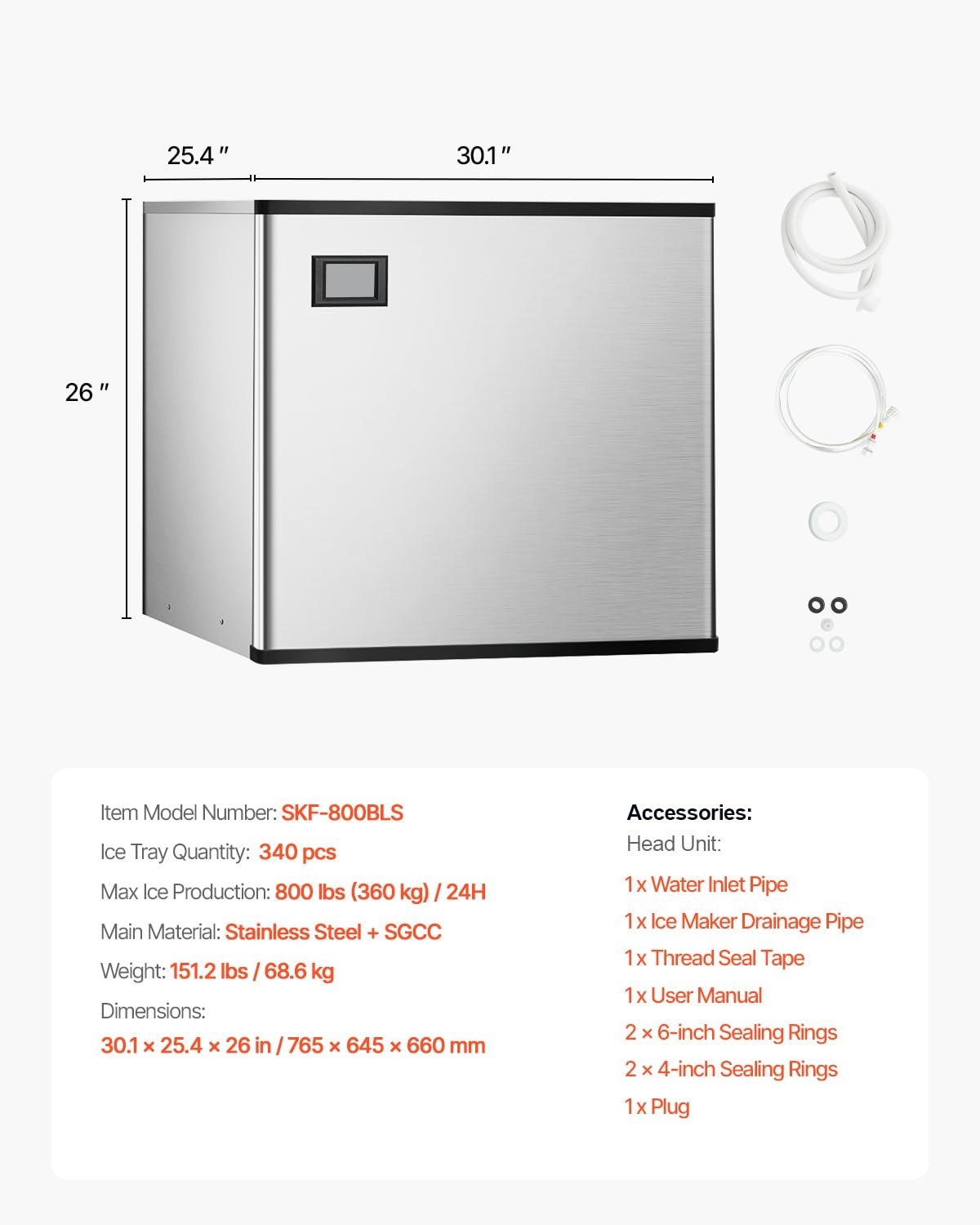 image:imageVEVOR Commercial Ice Maker MachineHead 800 lbs24 h 26 Inch Stainless Steel Industrial Ice Machine SelfCleaning and Scheduled Ice Making Modular Ice Cube Machine for Restaurant Hotel Head Only