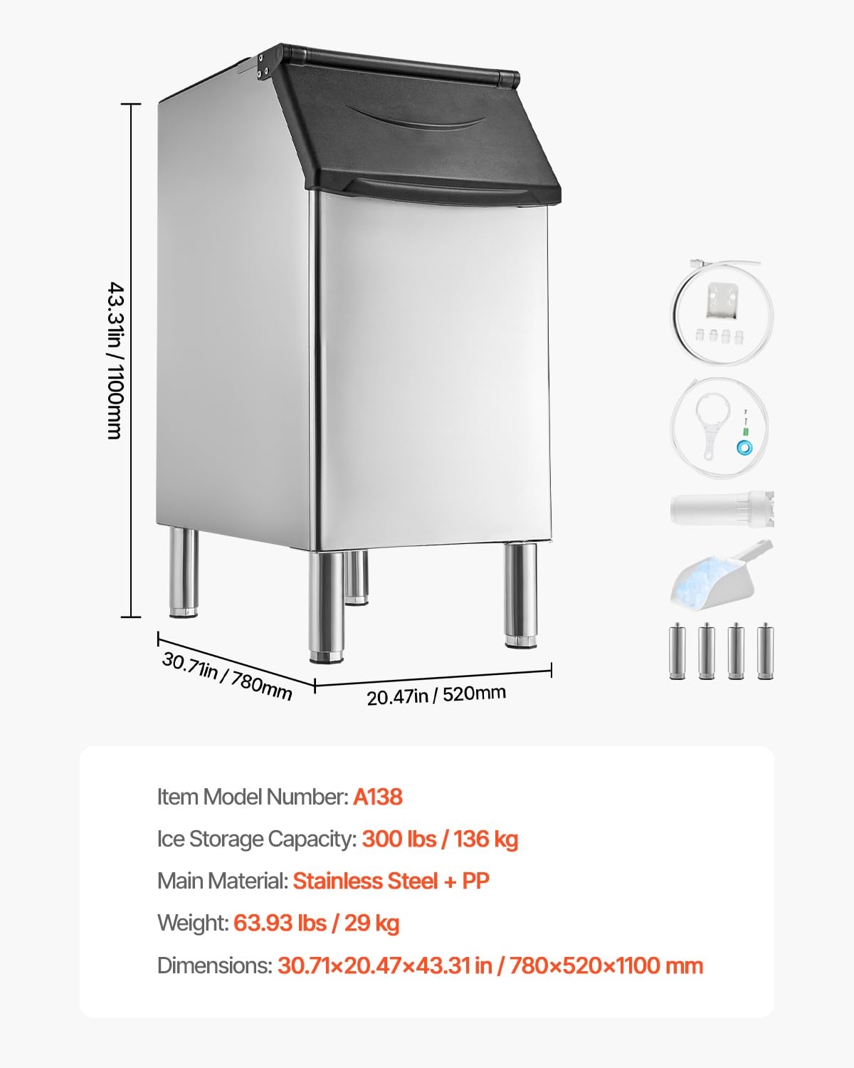 image:imageVEVOR Commercial Ice Maker Storage Bin 300 LBS Capacity IceBin Stainless Steel Commercial Ice Storage Bin with Adjustable AntiSlip Rubber Feet Suitable for Restaurant Hotel and Beverage Shops
