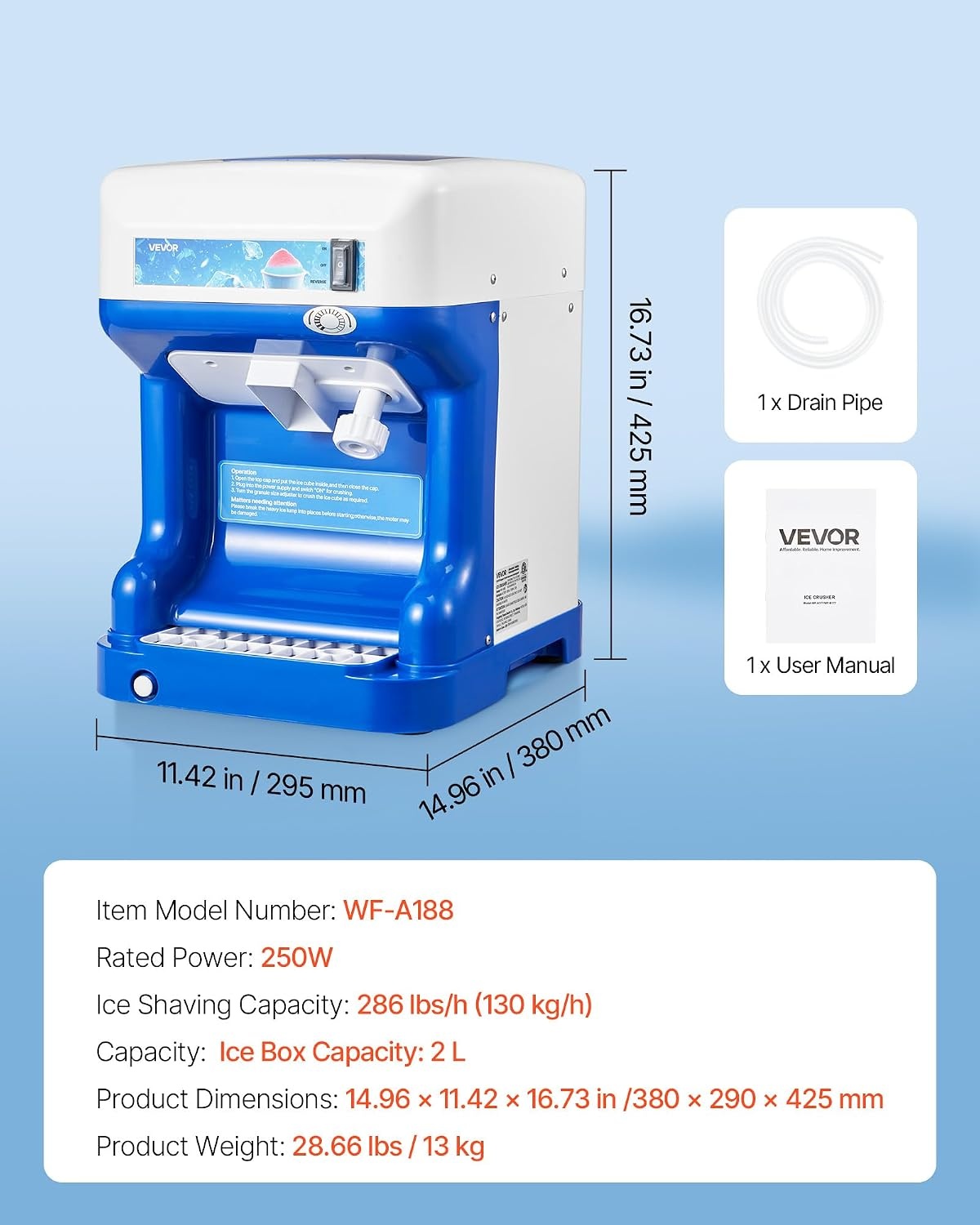 image:imageVEVOR Commercial Ice Shaver Crusher 220lbs Per Hour Electric Snow Cone Maker with 8L Ice Cube Box 350W 1500RPM Tabletop Shaved Ice Machine for Parties Events Bar Home and Commercial Use WhiteBlue