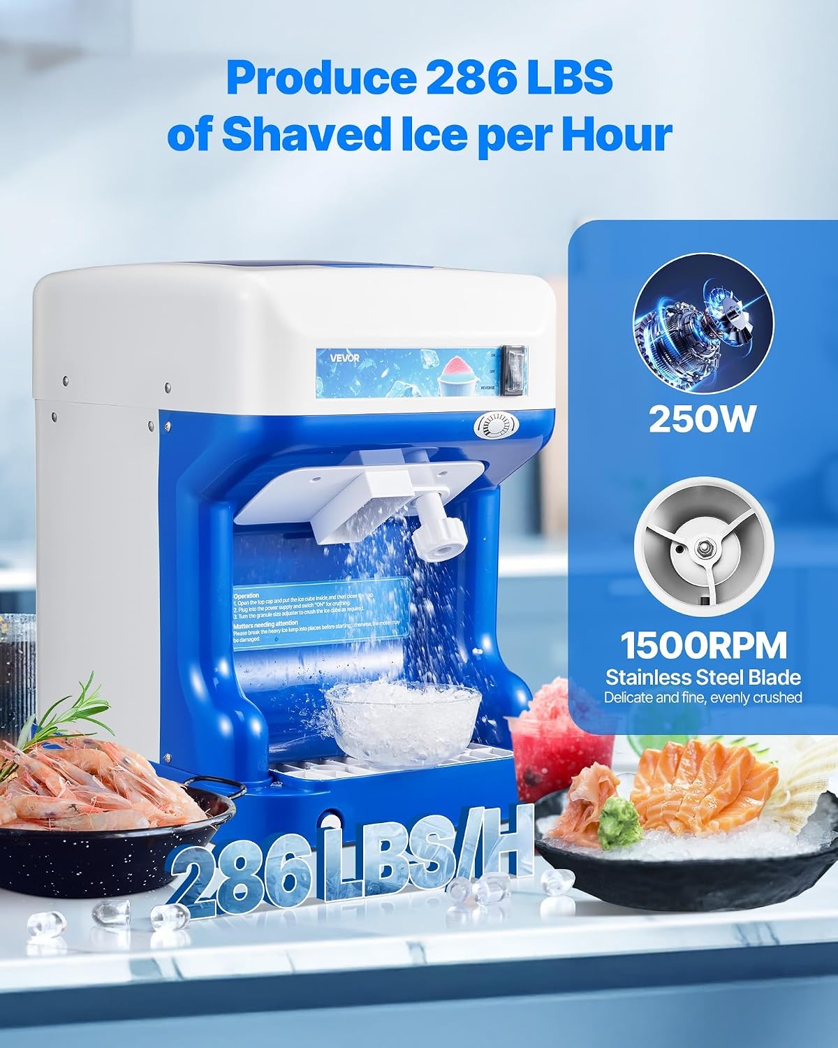 image:imageVEVOR Commercial Ice Shaver Crusher 220lbs Per Hour Electric Snow Cone Maker with 8L Ice Cube Box 350W 1500RPM Tabletop Shaved Ice Machine for Parties Events Bar Home and Commercial Use WhiteBlue